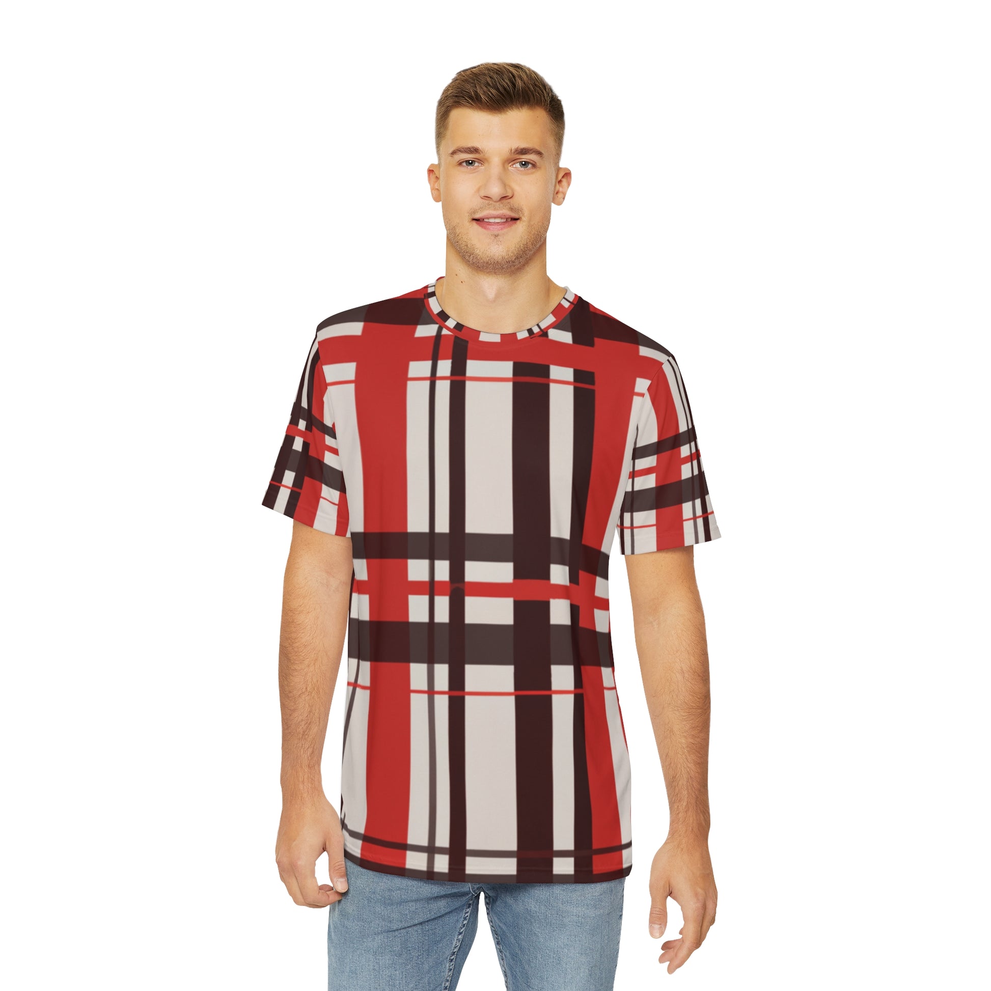 Front view of the Highland Ember Dawn Tartan Crewneck Pullover All-Over Print Short-Sleeved Shirt black red white plaid pattern paired with casual denim pants worn by a white man