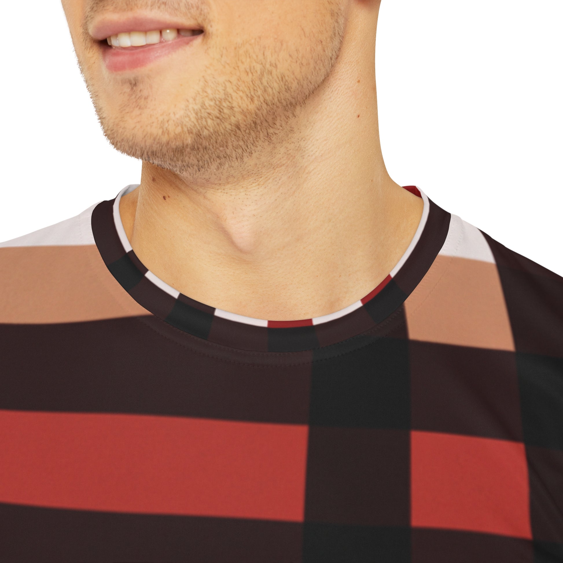 Close-up shot of the Highlander's Array Crewneck Pullover All-Over Print Short-Sleeved Shirt white red black beige plaid pattern worn by a white man