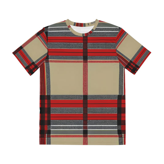 Front view of the Autumn Equinox Tartan Plaid Crewneck Pullover All-Over Print Short-Sleeved Shirt black red beige plaid pattern 