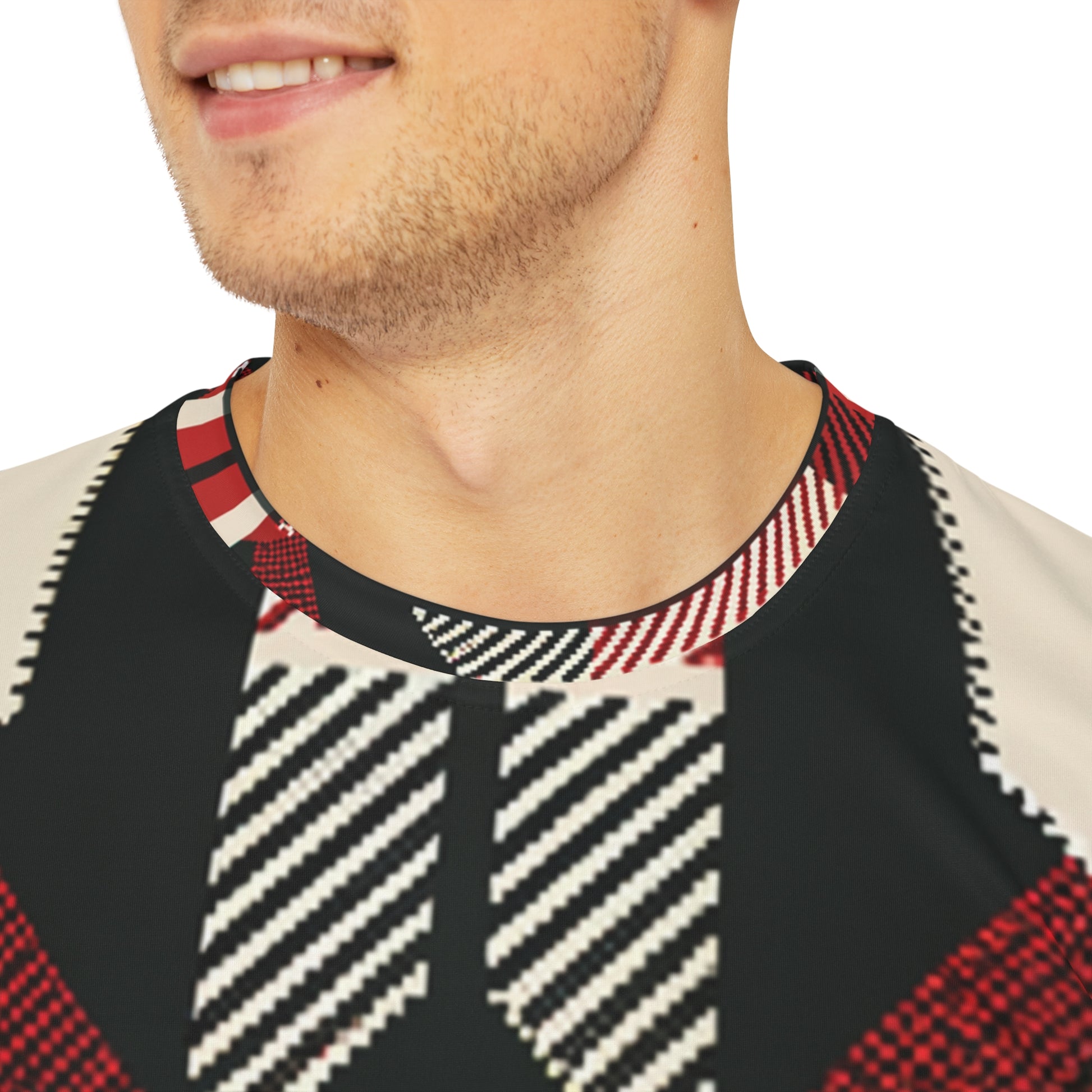 Close-up shot of the Highland Matrix Tartan Crewneck Pullover All-Over Print Short-Sleeved Shirt red black beige plaid print worn by a white man