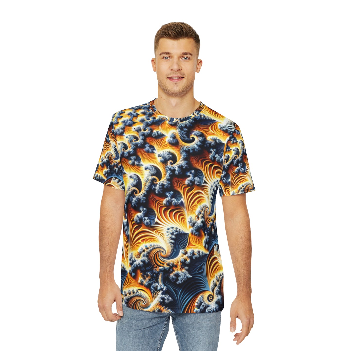Front view of the Celestial Spirals & Waves Crewneck Pullover All-Over Print Short-Sleeved Shirt yellow blue black white orange celestial pattern paired with casual denim pants worn by a white man
