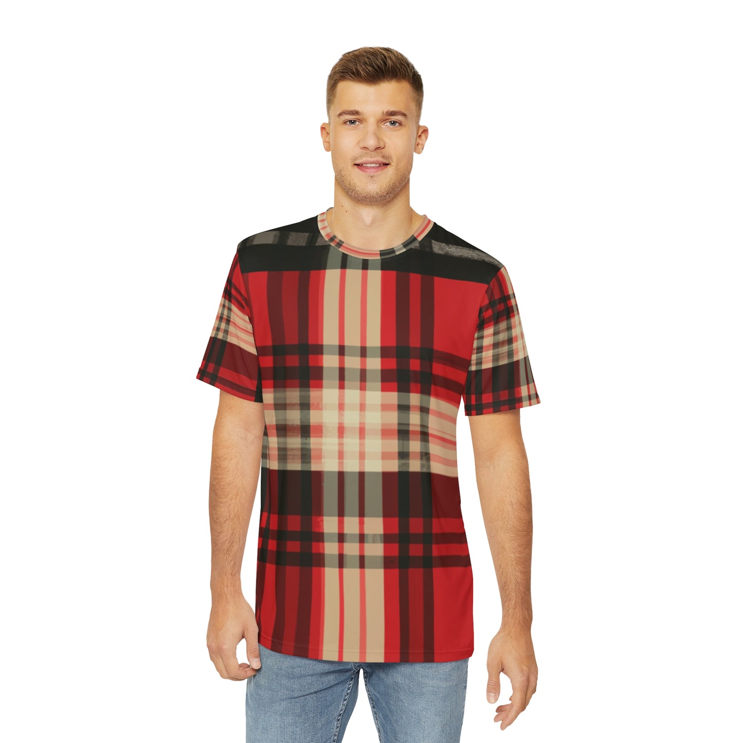 Front view of the Highland Blaze Sonata Tartan Crewneck Pullover All-Over Print Short-Sleeved Shirt black red beige background plaid pattern paired with casual denim pants worn by a white man