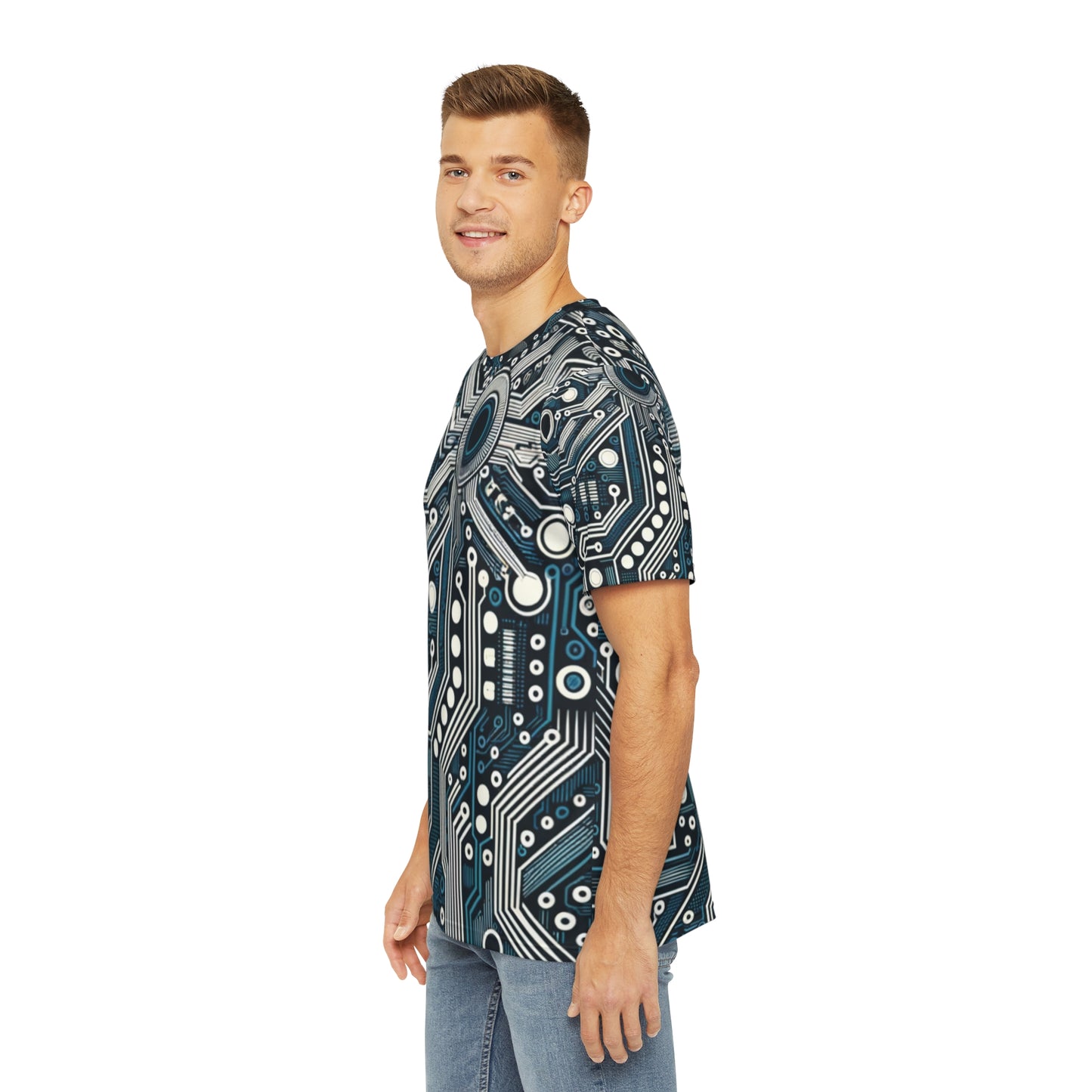 Side view of the Circuit Board Symphony Blue Crewneck Pullover All-Over Print Short-Sleeved Shirt blue black beige circuit pattern print paired with casual denim pants worn by a white man