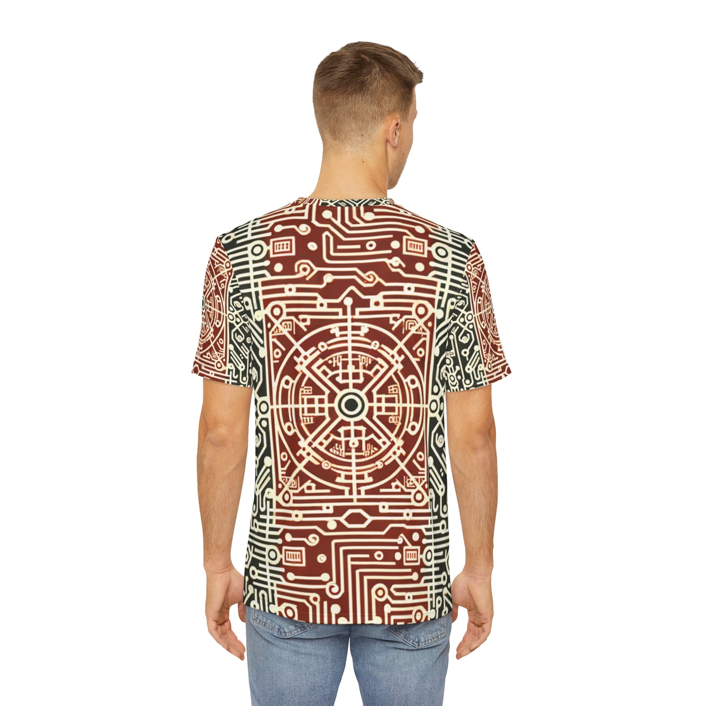 Back view of the Circuitry Symphony in Sepia Crewneck Pullover All-Over Print Short-Sleeved Shirt red gray sepia circuit print pattern paired with casual denim pants worn by a white man