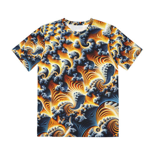 Front view of the Celestial Spirals & Waves Crewneck Pullover All-Over Print Short-Sleeved Shirt yellow blue black white orange celestial pattern