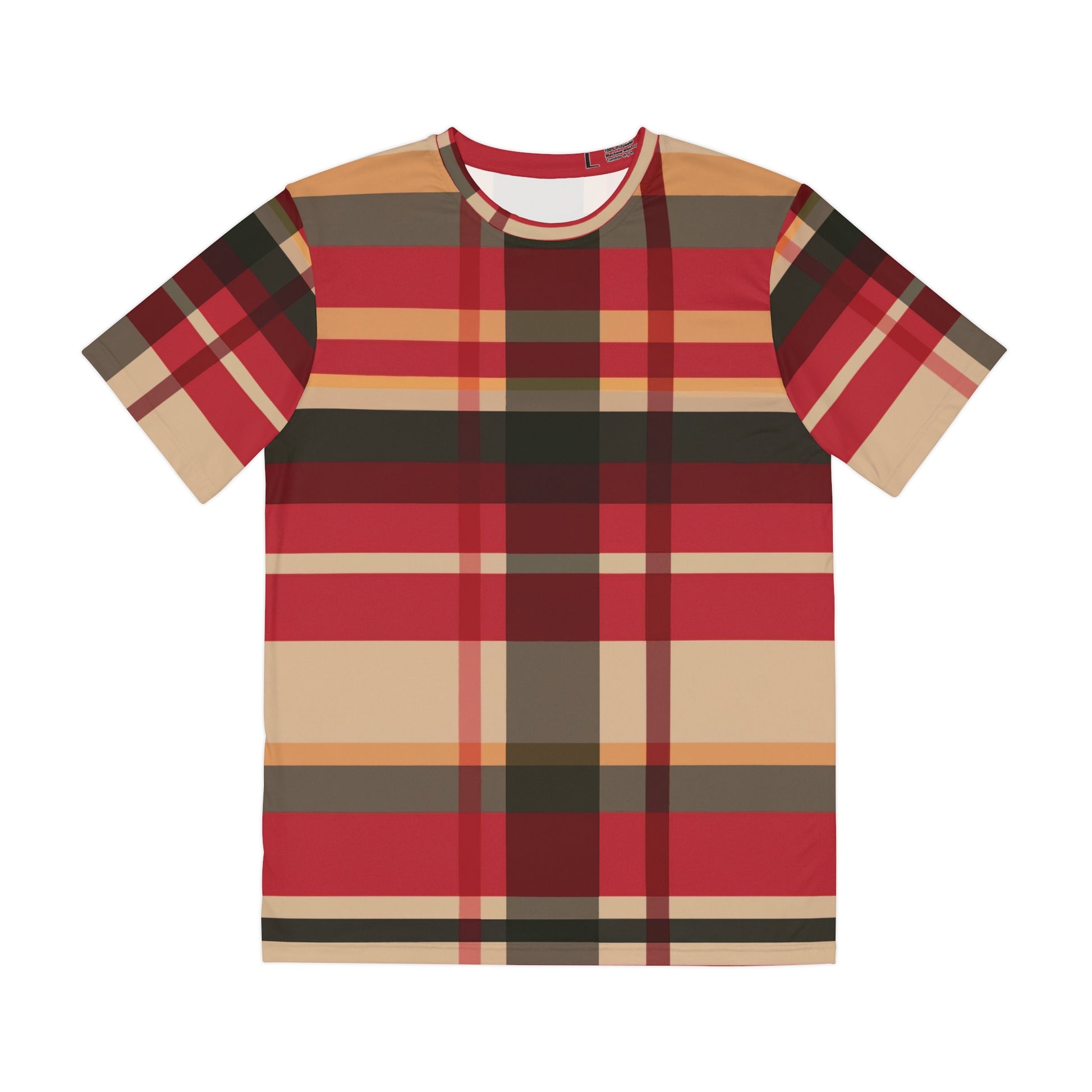Front side of the McCloud Mist Tartan Crewneck Pullover Short-Sleeved All-Over Print Shirt red black and beige plaid pattern