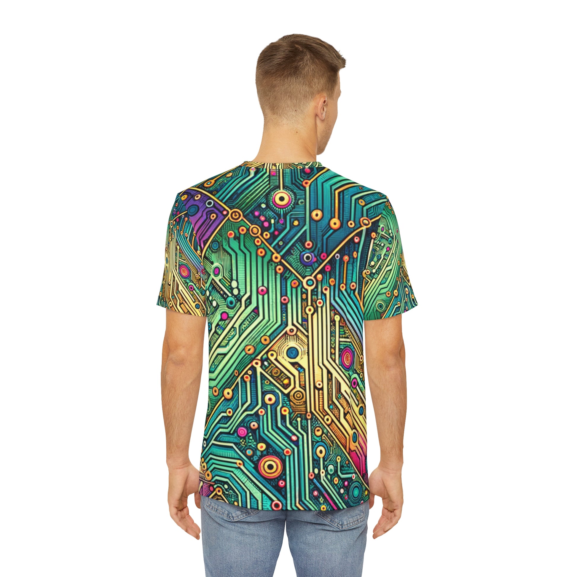 Back view of the Circuit Synapse Fiesta Crewneck Pullover All-Over Print Short-Sleeved Shirt circuit print pattern green blue yellow red black white blast of colors paired with casual denim pants worn by a white man