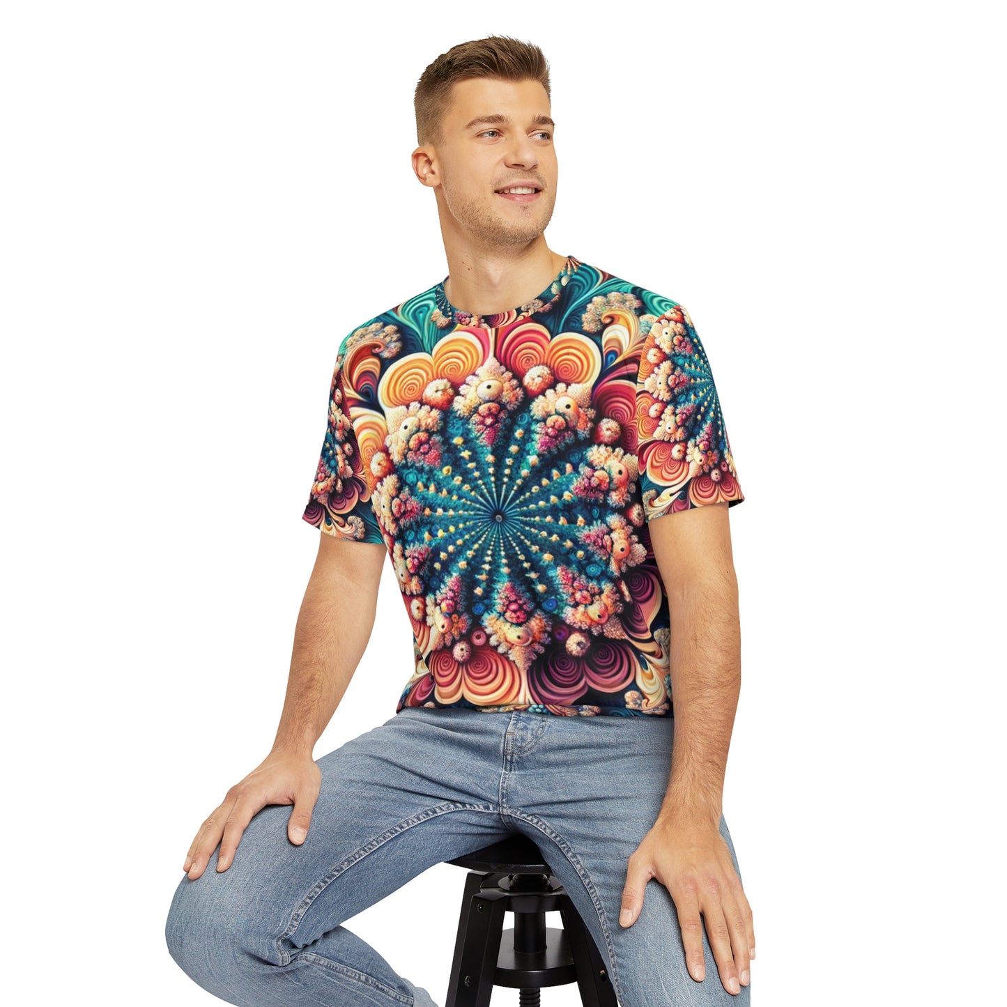 Front view of the Coral Mandala Whirl Pattern Crewneck Pullover All-Over Print Short-Sleeved Shirt black red  orange yellow blue mandala swirl pattern paired with casual denim pants worn by a white man sitting on a stool chair