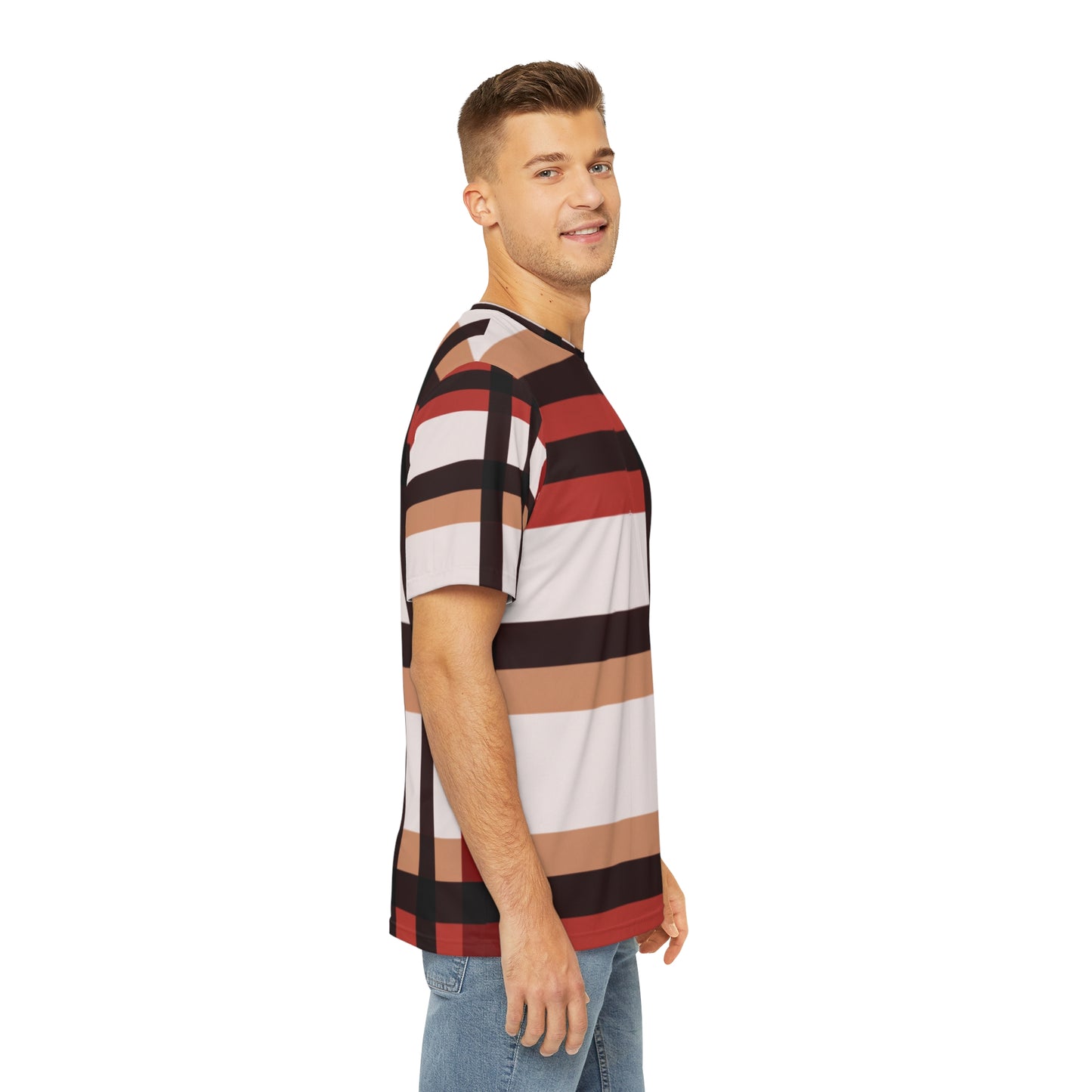 Front view of the Highlander's Array Crewneck Pullover All-Over Print Short-Sleeved Shirt white red black beige plaid pattern paired with a casual denim pants worn by a white man