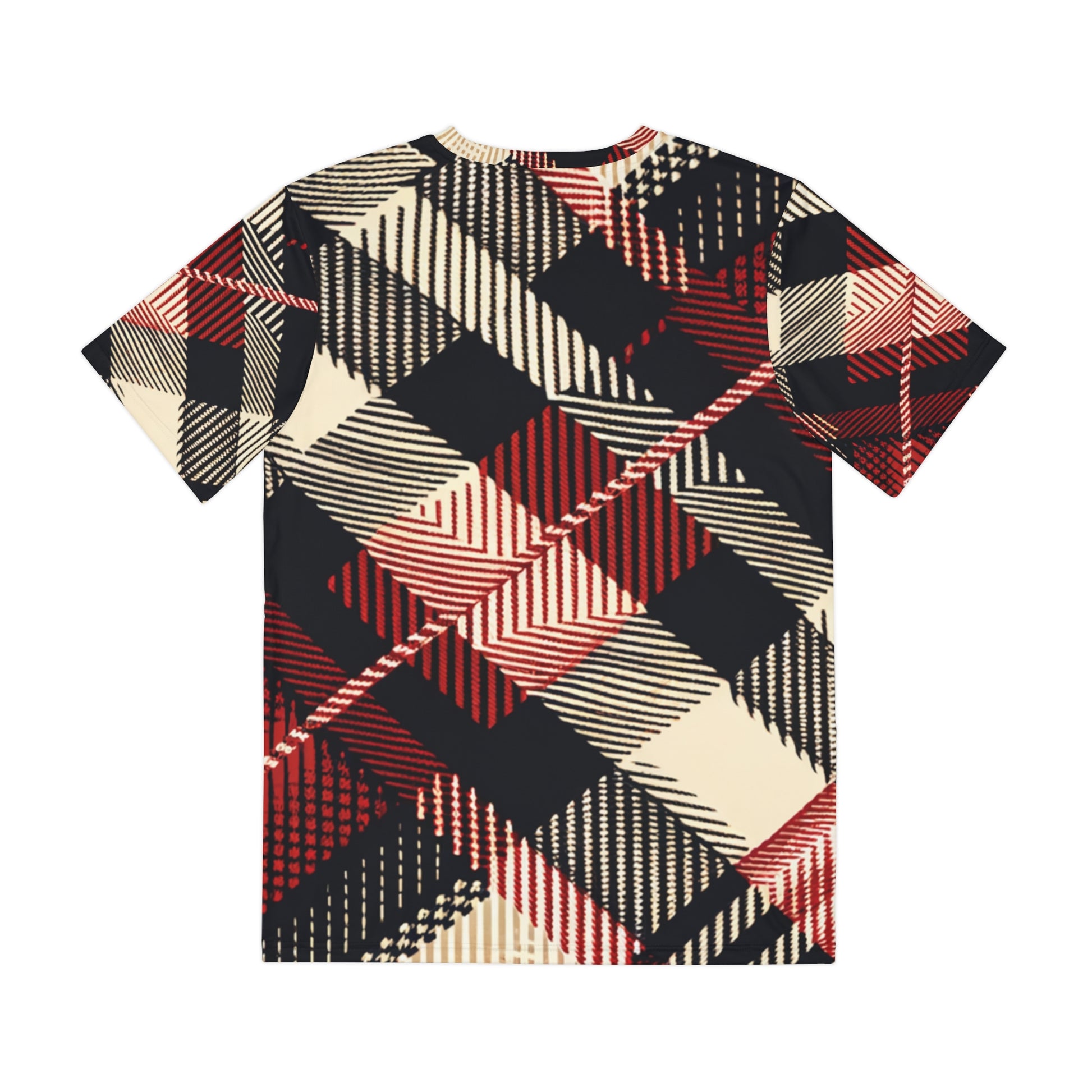 Back view of the Crimson Houndstooth Cascade Crewneck Pullover All-Over Print Short-Sleeved Shirt