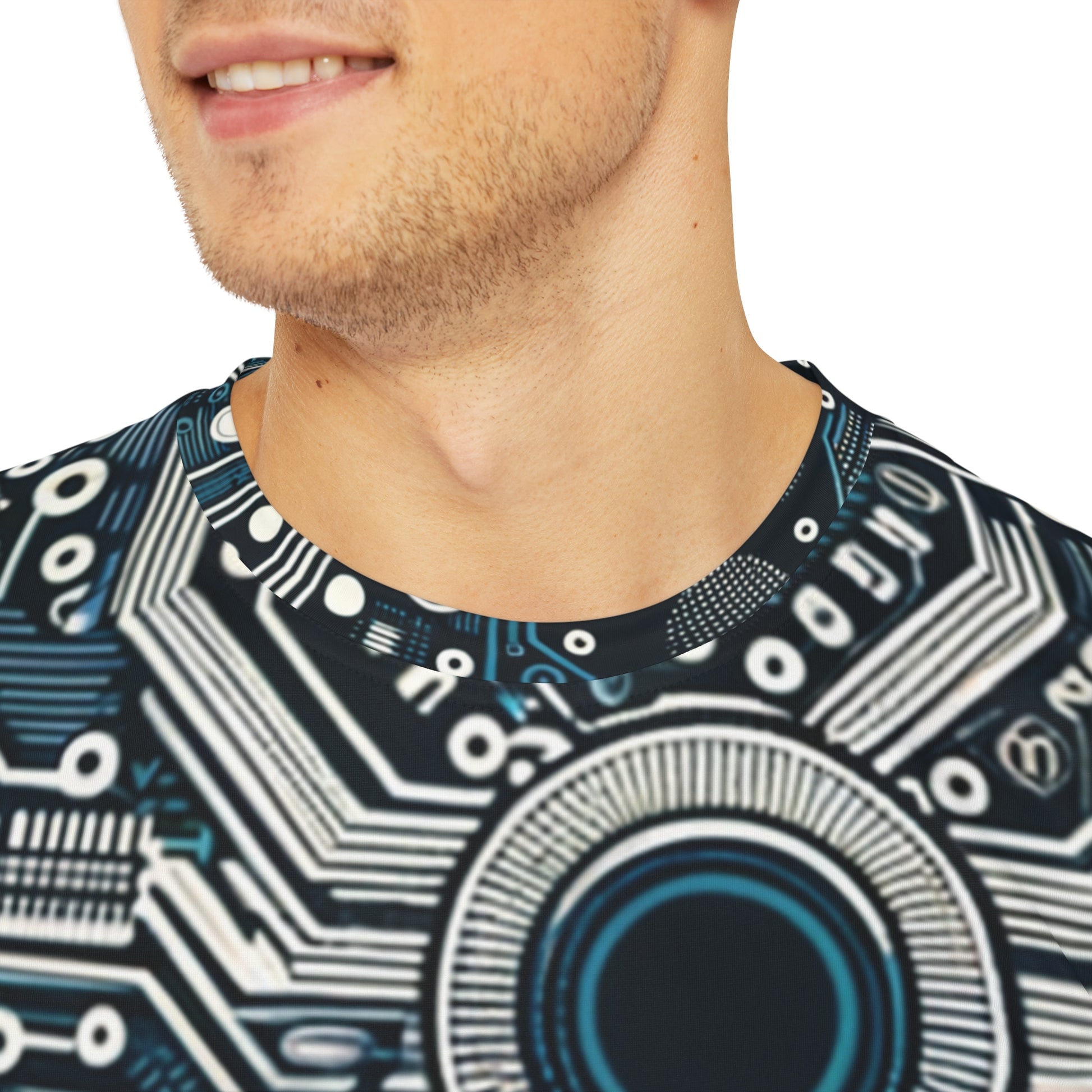 Close-up shot of the Circuit Board Symphony Blue Crewneck Pullover All-Over Print Short-Sleeved Shirt blue black beige circuit pattern print worn by a white man