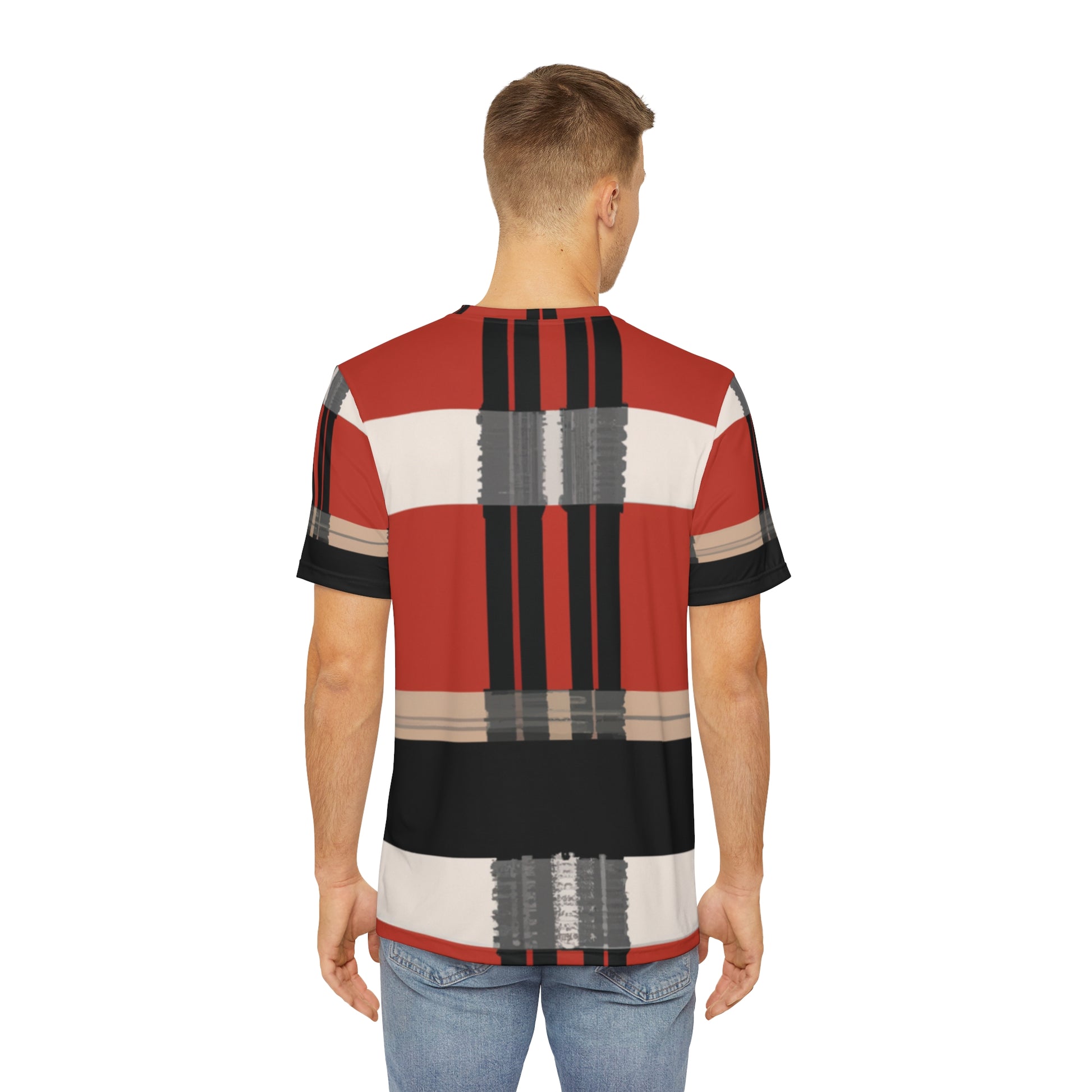 Back view of the Highland Cardinal Alba Tartan Crewneck Pullover All-Over Print Short-Sleeved Shirt red black beige plaid pattern paired with casual denim pants worn by a white man