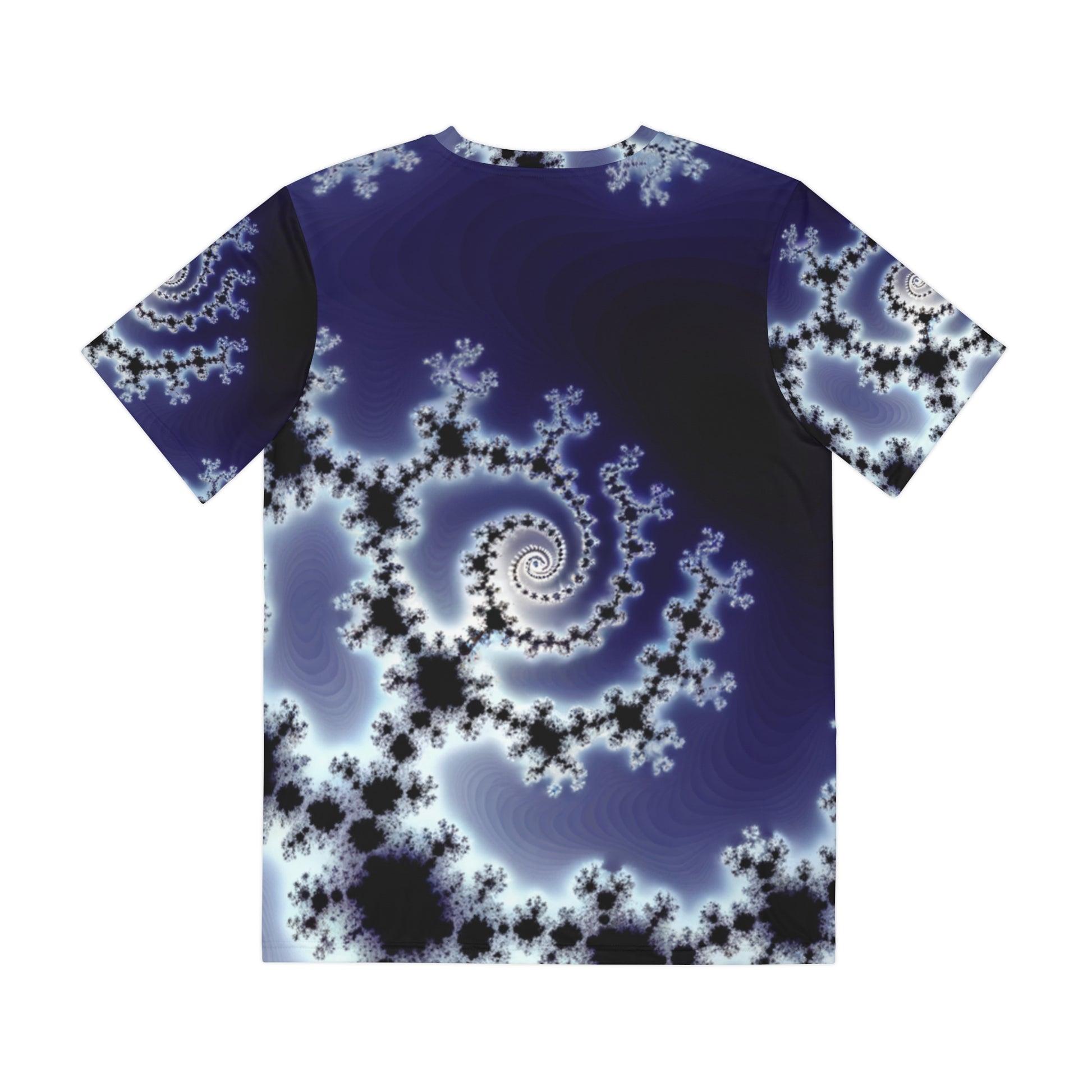 Back  view of the Celestial Fractal Elegance Crewneck Pullover All-Over Print Short-Sleeved Shirt purple black white fractal pattern