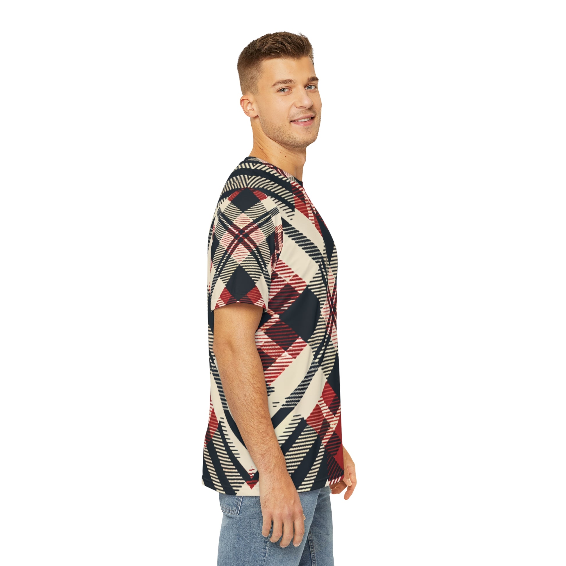 Side view of the Crimson Crosshatch Elegance Crewneck Pullover All-Over Print Short-Sleeved Shirt red black beige plaid print paired with casual denim pants worn by white man