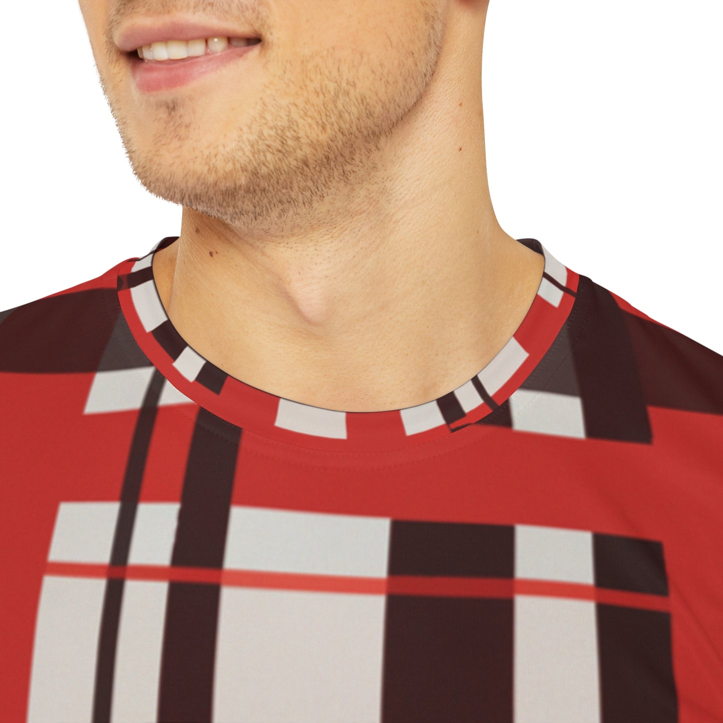 Close-up shot of the Highland Ember Dawn Tartan Crewneck Pullover All-Over Print Short-Sleeved Shirt black red white plaid pattern worn by a white man
