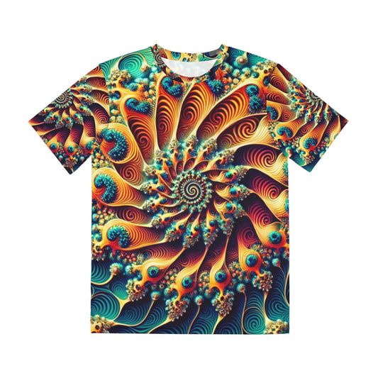 Front view of the Aquatic Hypnotica Spiral Crewneck Pullover All-Over Print Short-Sleeved Shirt blue green yellow orange red white blue spiral pattern