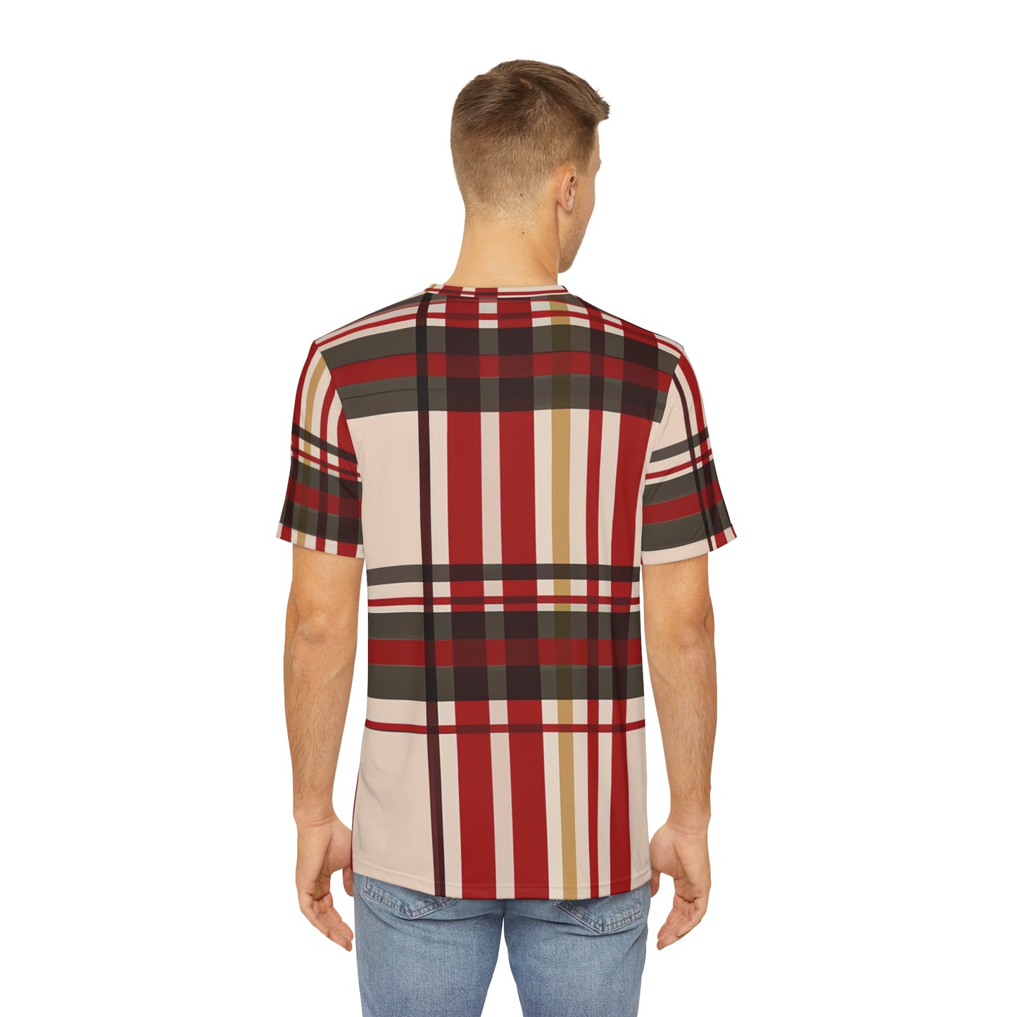 Back view of the Highland Ebony Ember Tartan Crewneck Pullover All-Over Print Short-Sleeved Shirt white black yellow plaid pattern paired with casual denim pants worn by a white man