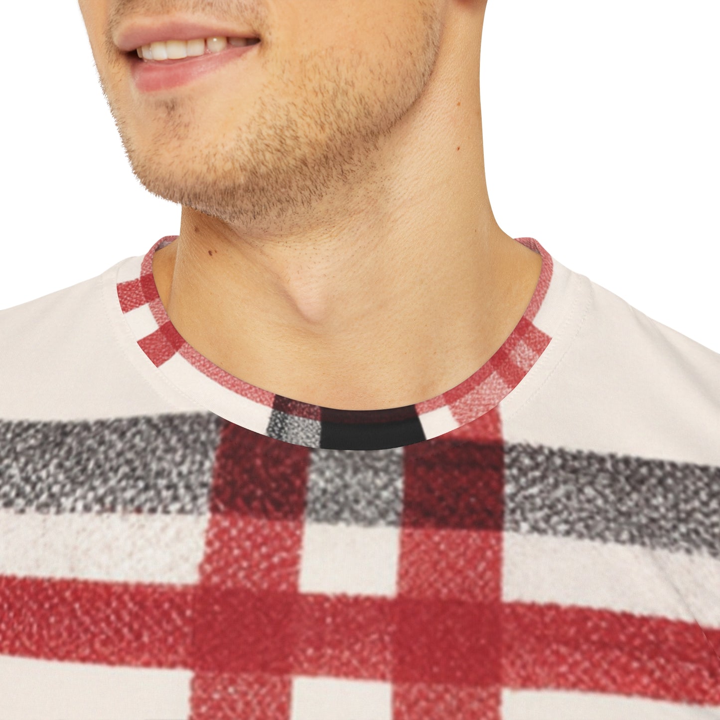 Close -up view of the Edinburgh Crimson Crest Tartan Crewneck Pullover All-Over Print Short-Sleeved Shirt red yellow black beige plaid pattern worn by a white man