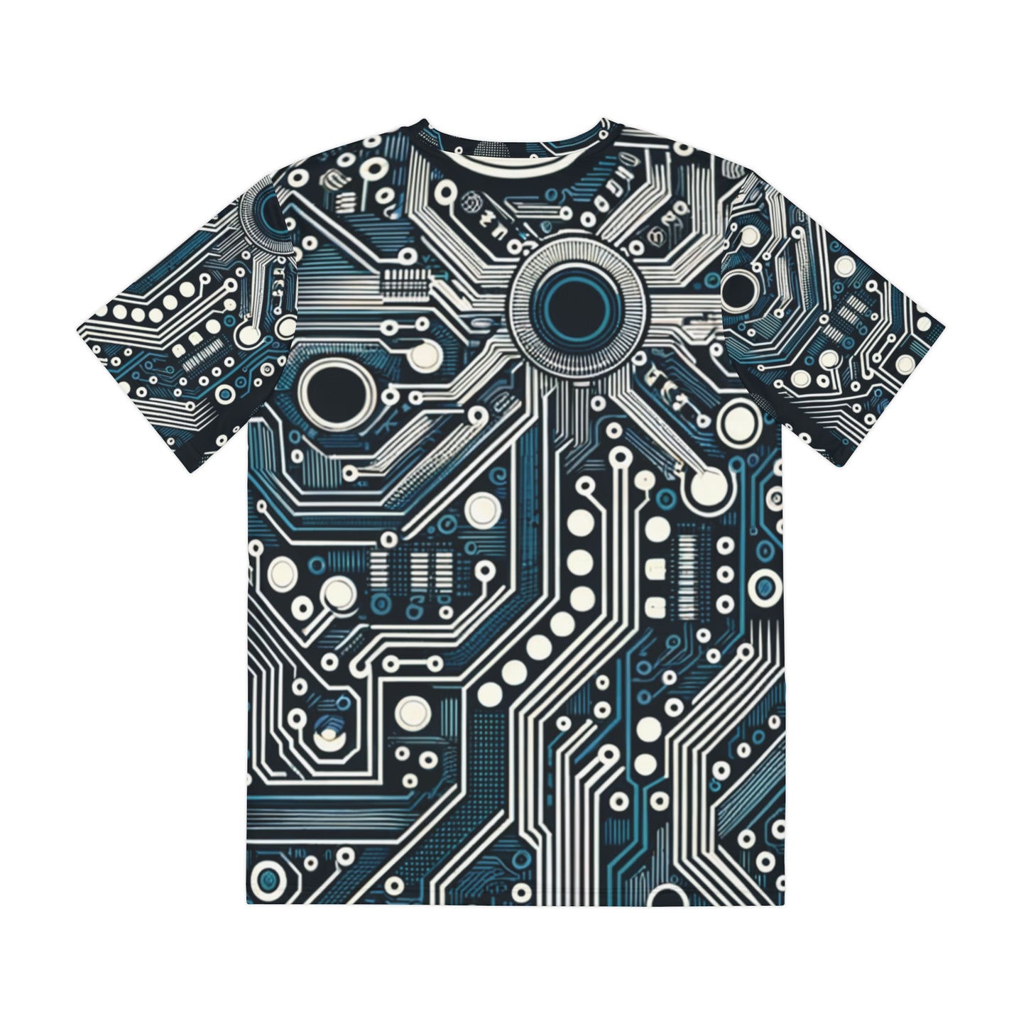 Back view of the Circuit Board Symphony Blue Crewneck Pullover All-Over Print Short-Sleeved Shirt blue black beige circuit pattern print