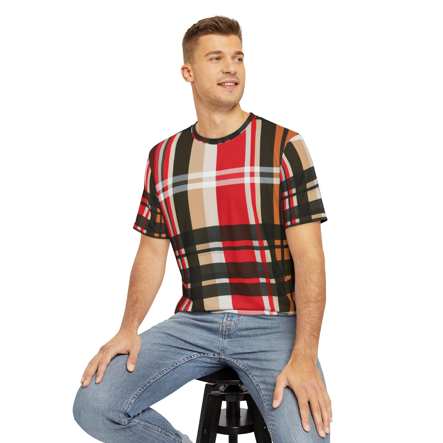 Front view of the Glasgow Plaid Crewneck Pullover All-Over Print Short-Sleeved Shirt red black white yellow mustard plaid pattern paired with casual denim jeans worn by a white male sitting on a stool chair