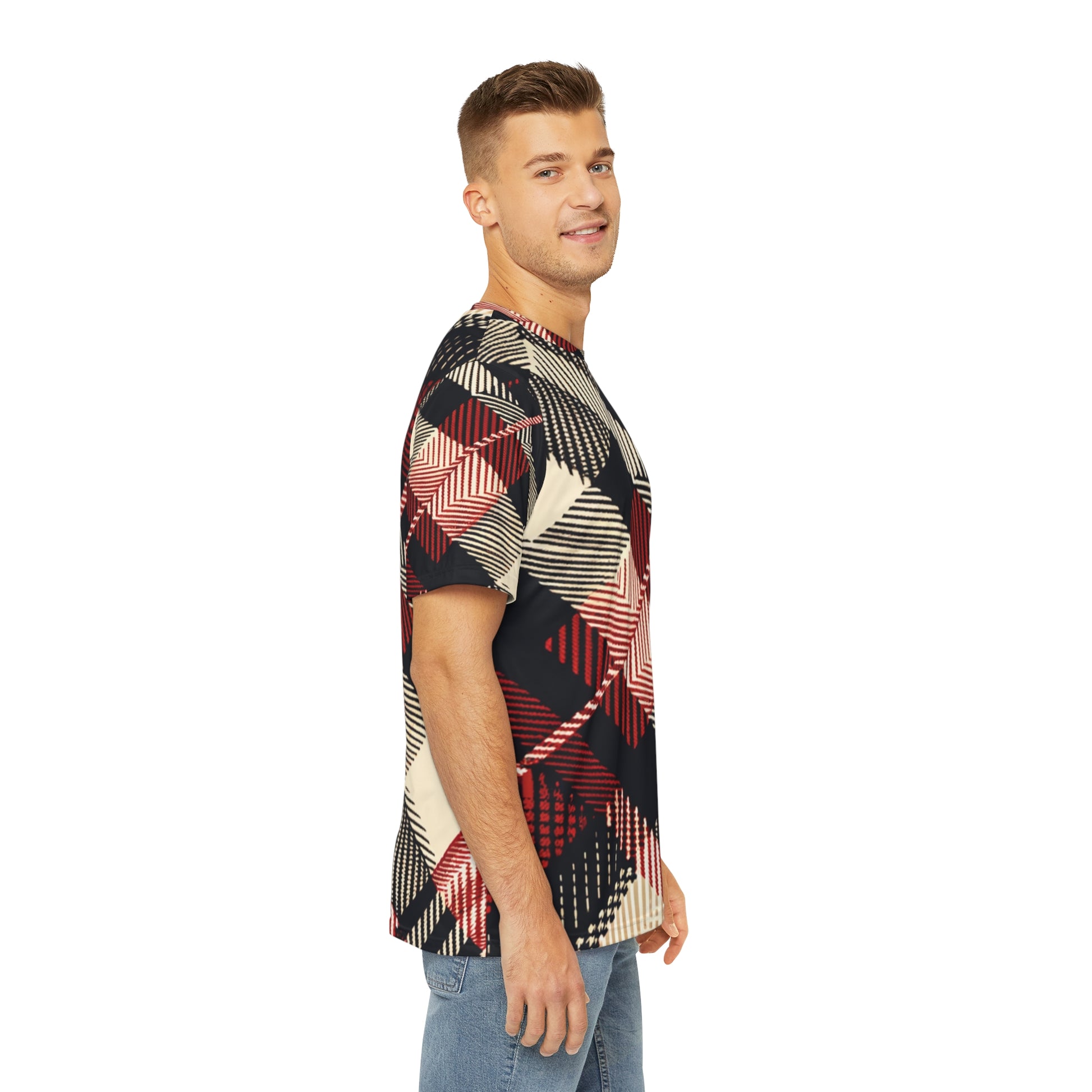 Side view of the Crimson Houndstooth Cascade Crewneck Pullover All-Over Print Short-Sleeved Shirt paired with casual denim pants worn by a white man