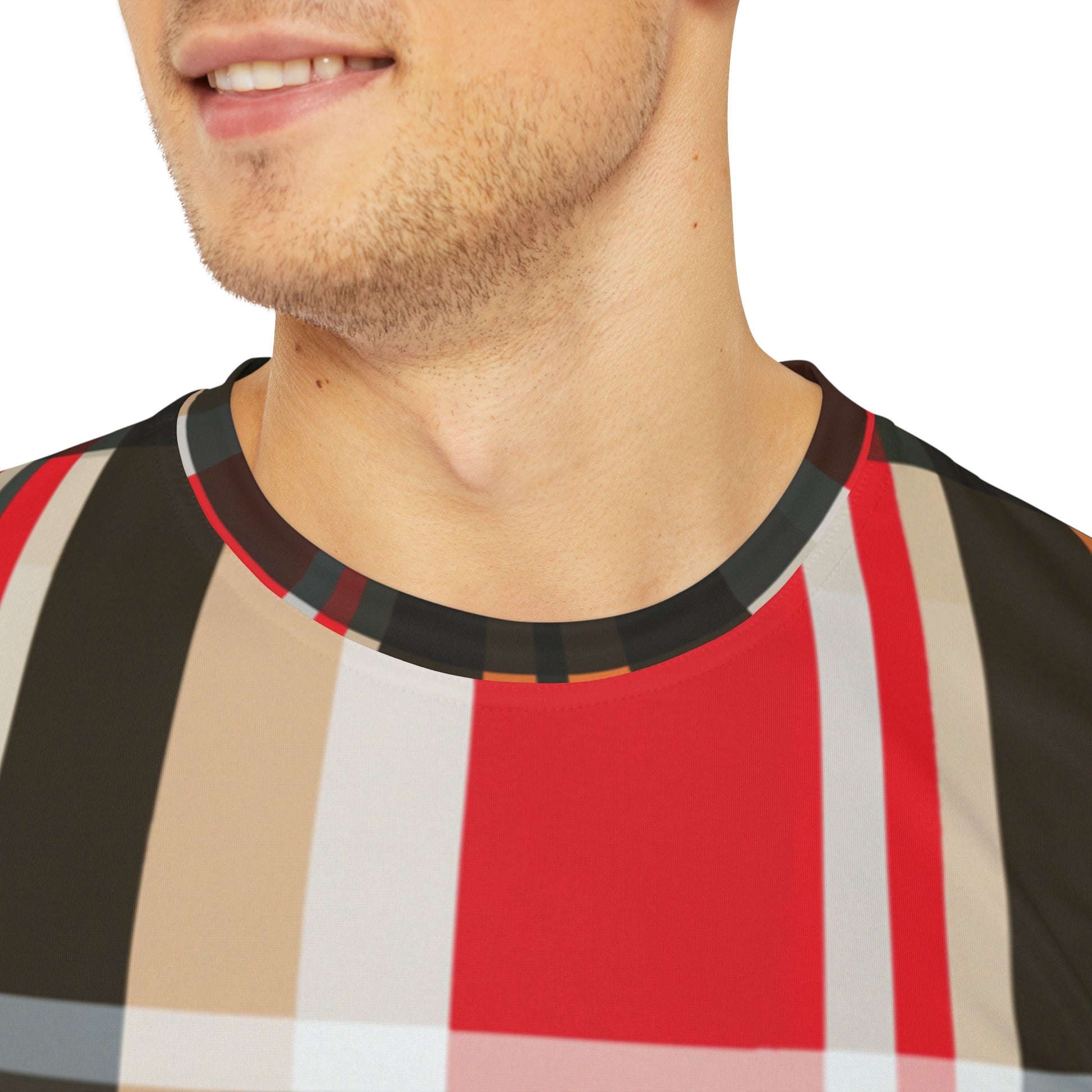 Close-up shot of the Glasgow Plaid Crewneck Pullover All-Over Print Short-Sleeved Shirt red black white yellow mustard plaid pattern worn by a white male