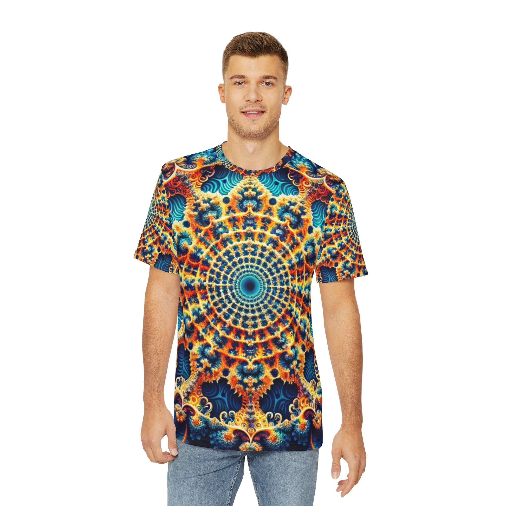 Front view of the Azurite Mandala Bloom Crewneck Pullover All-Over Print Short-Sleeved Shirt blue yellow red white mandala pattern paired with casual denim pants worn by a white man