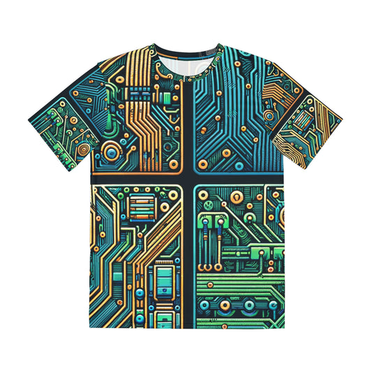 Front view of the Circuit Synapse Array Crewneck Pullover All-Over Print Short-Sleeved Shirt blue green yellow black white circuit pattern 
