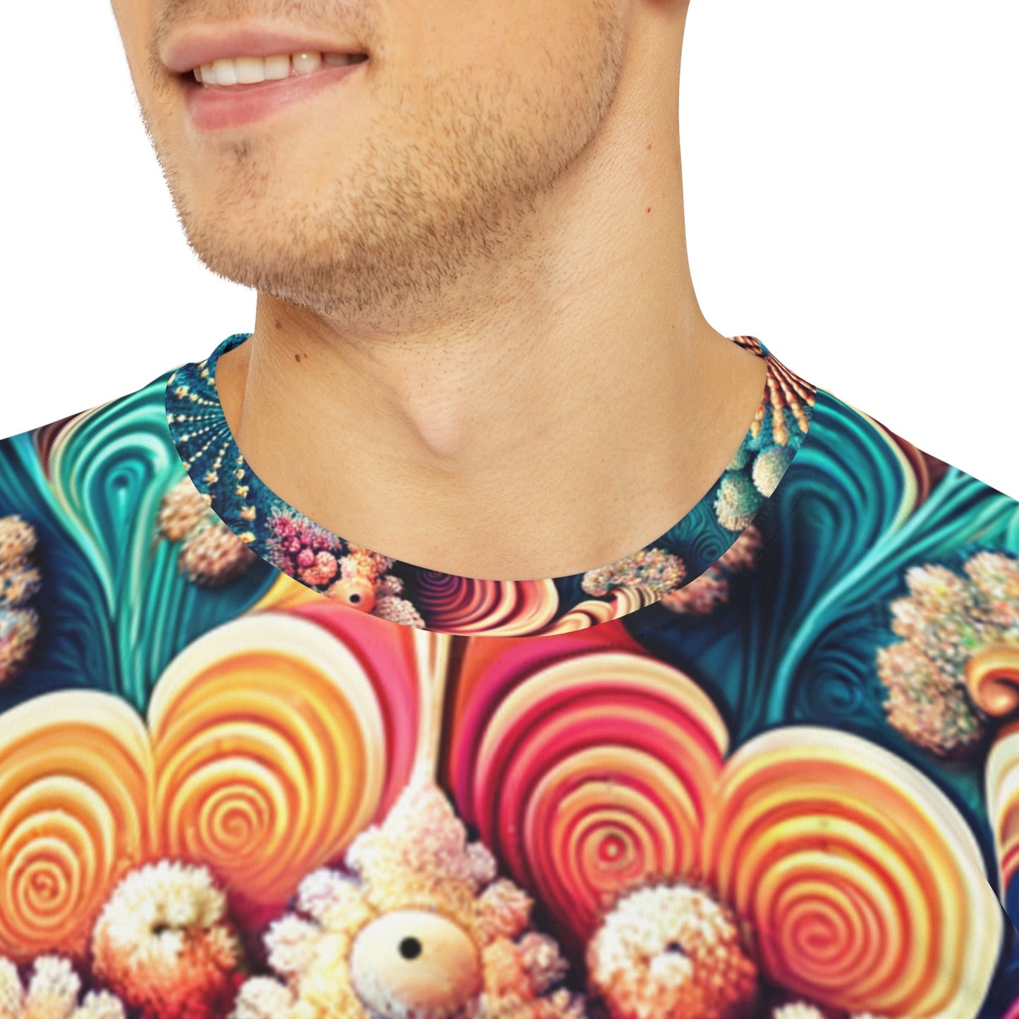 Close-up shot of the Coral Mandala Whirl Pattern Crewneck Pullover All-Over Print Short-Sleeved Shirt black red  orange yellow blue mandala swirl pattern worn by a white man
