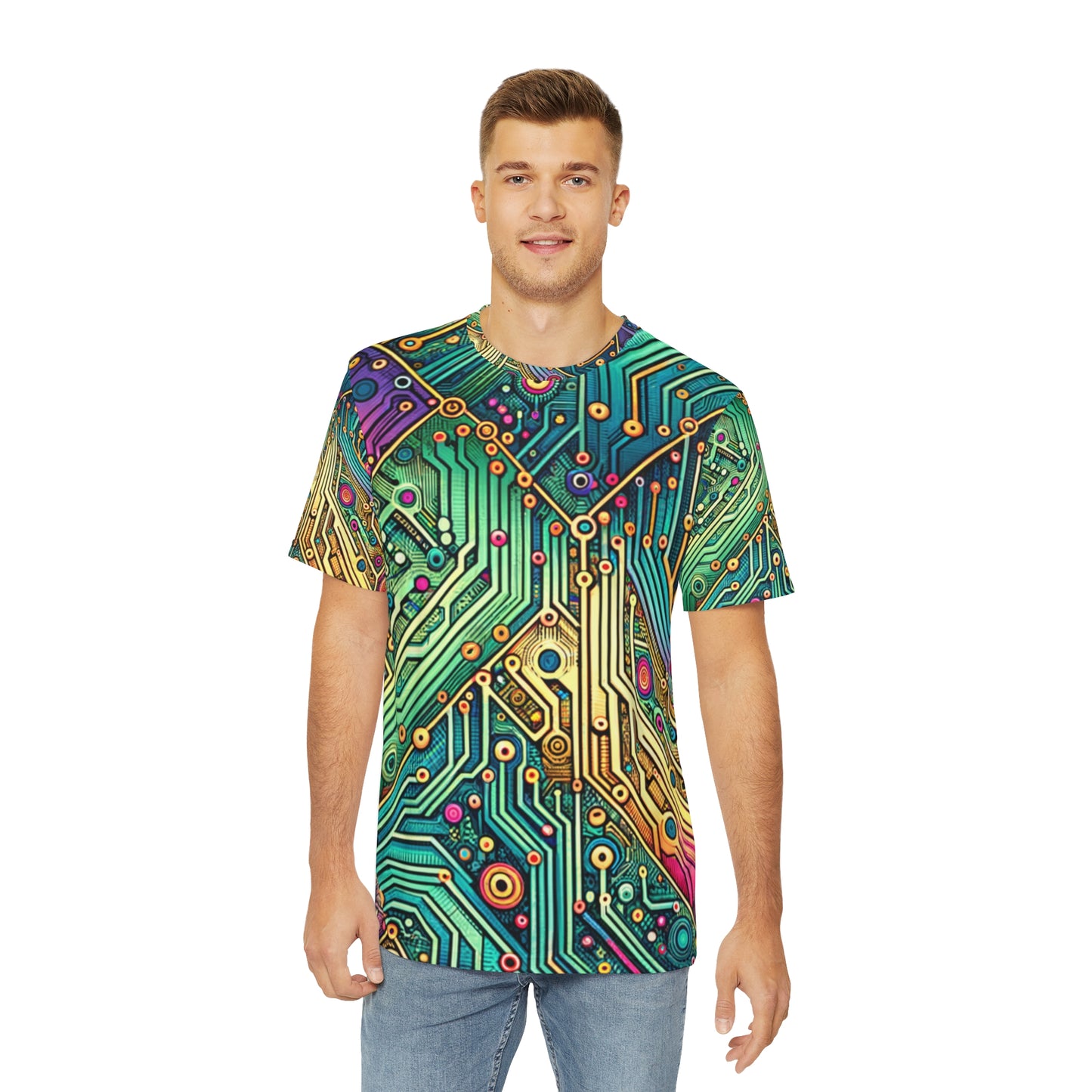 Front view of the Circuit Synapse Fiesta Crewneck Pullover All-Over Print Short-Sleeved Shirt circuit print pattern green blue yellow red black white blast of colors paired with casual denim pants worn by a white man