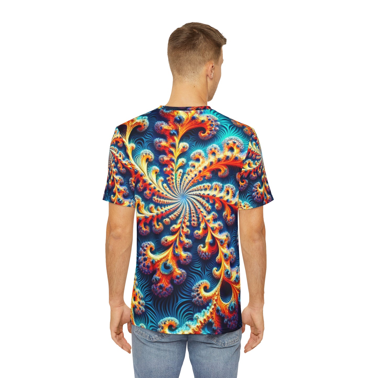 Back view of the Iridescent Nautilus Swirls Crewneck Pullover All-Over Print Short-Sleeved Shirt blue red yellow orange green swirl pattern paired with casual denim pants worn by a white man