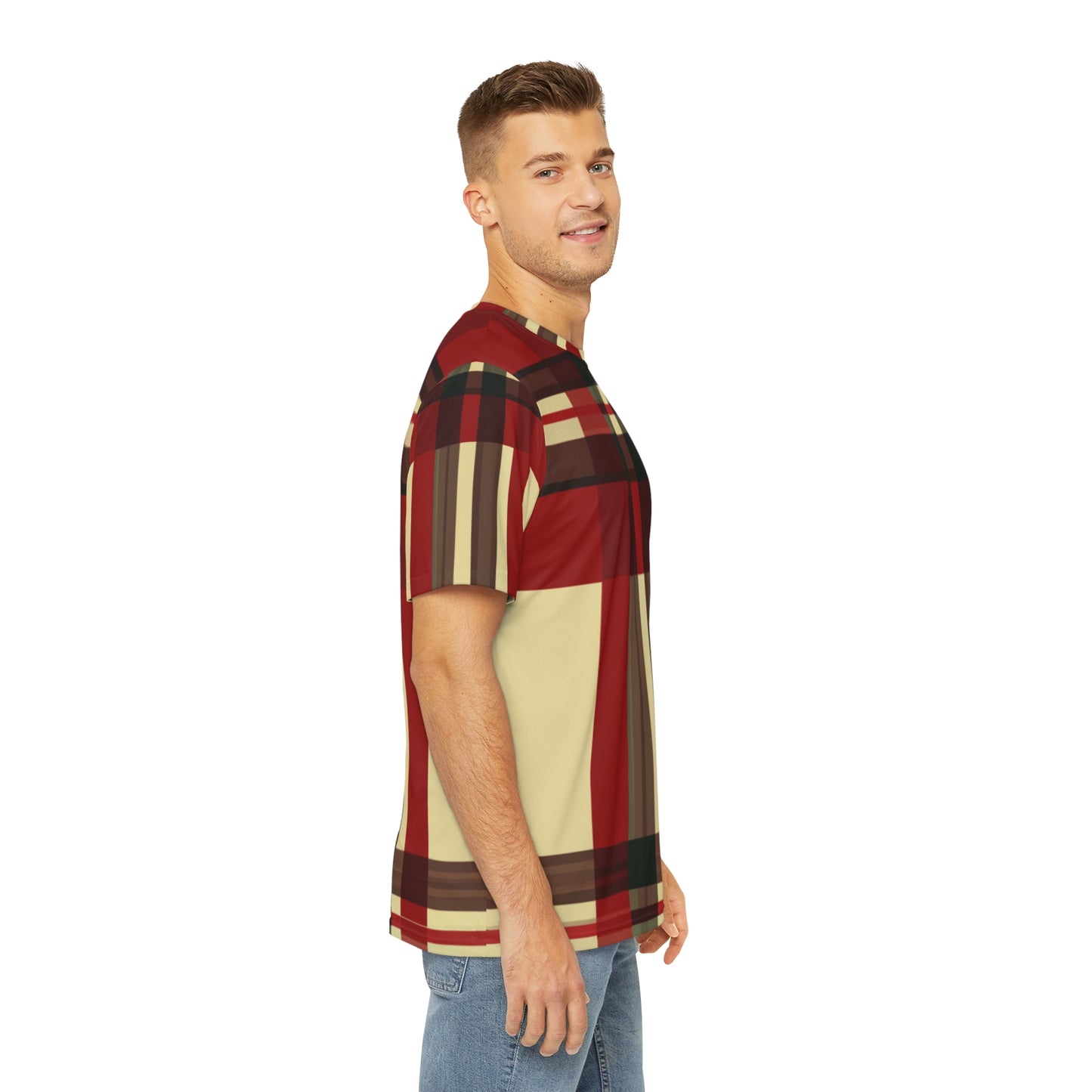 Side view of the Highland Ember Pixels Crewneck Pullover All-Over Print Short-Sleeved Shirt black red beige plaid pattern paired with casual denim pants worn by a white man