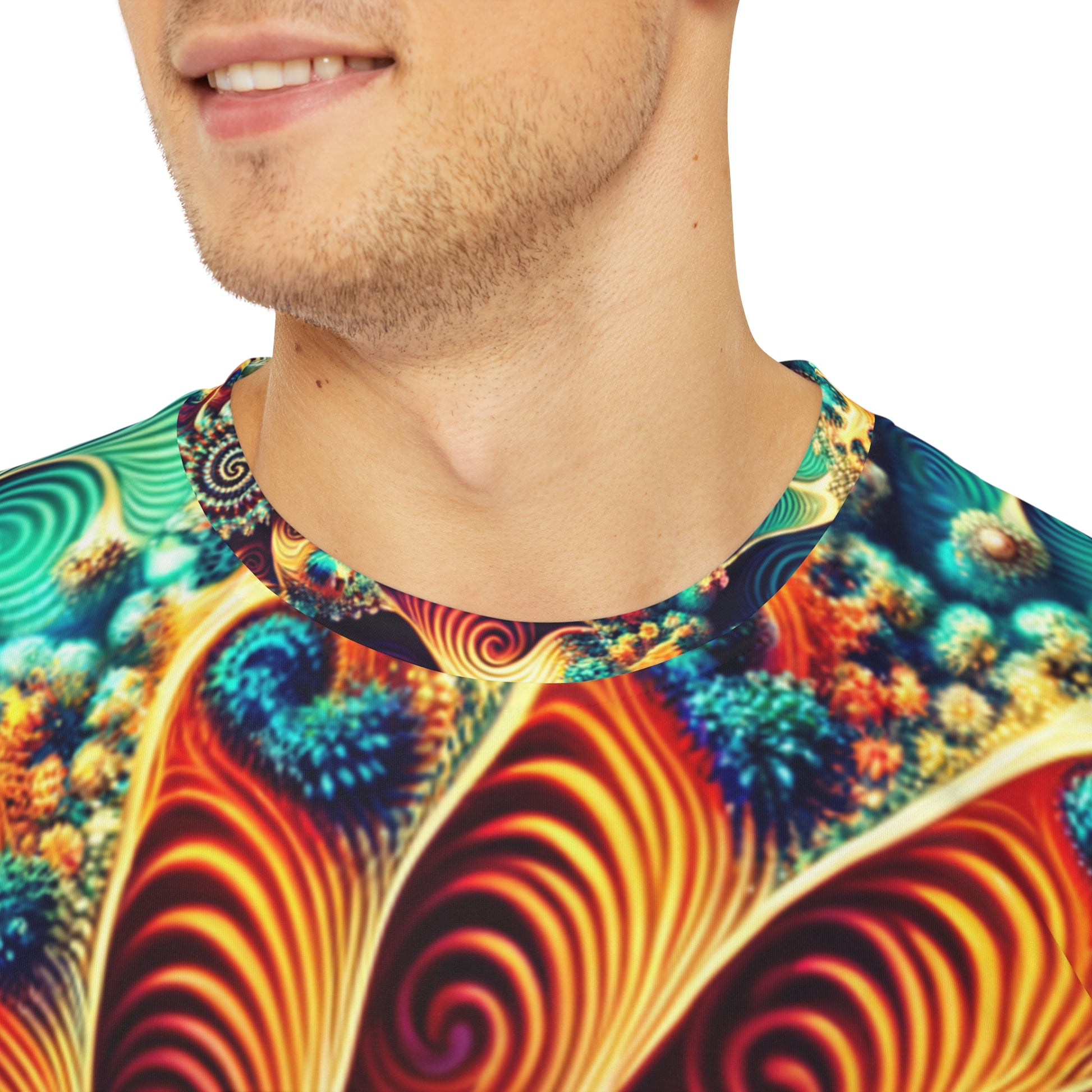 Close-up shot of the Aquatic Hypnotica Spiral Crewneck Pullover All-Over Print Short-Sleeved Shirt blue green yellow orange red white blue spiral pattern worn by a white man