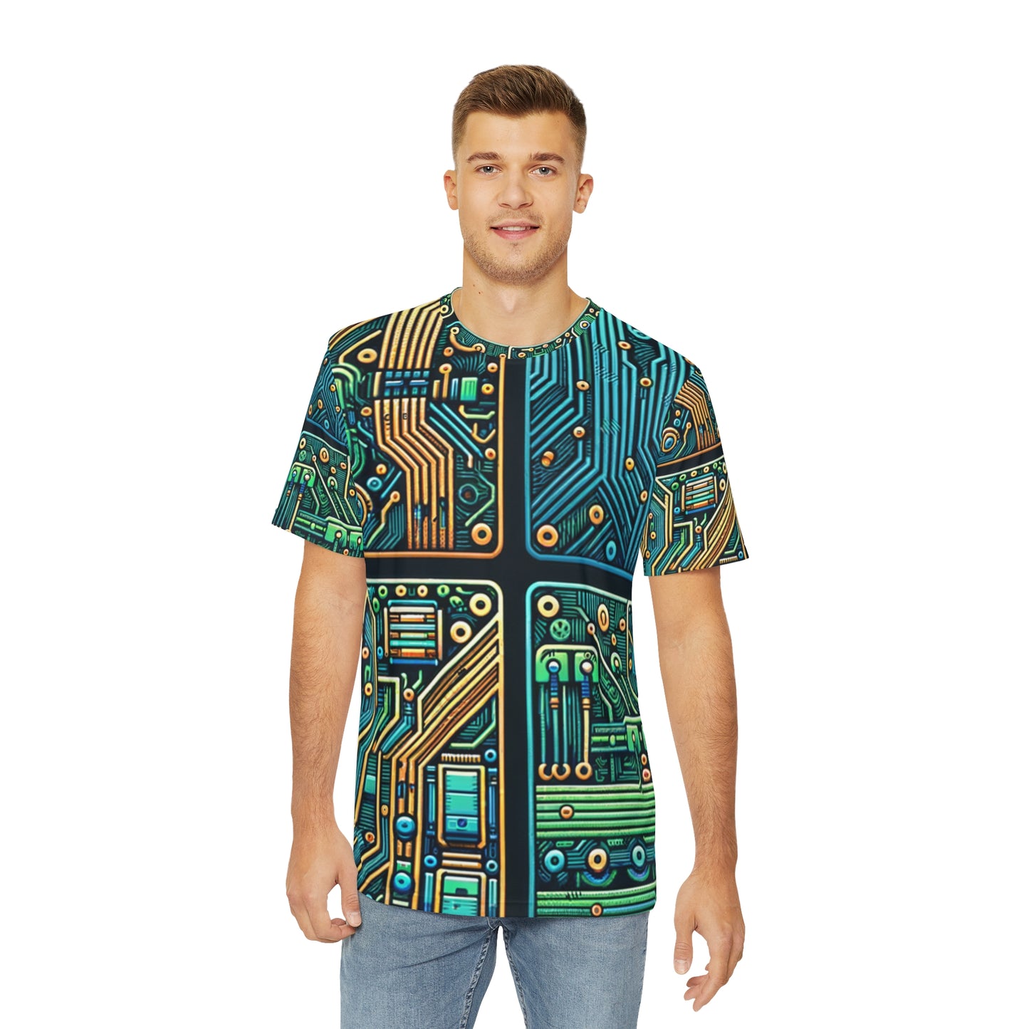 Front view of the Circuit Synapse Array Crewneck Pullover All-Over Print Short-Sleeved Shirt blue green yellow black white circuit pattern paired with casual denim pants worn by a white man