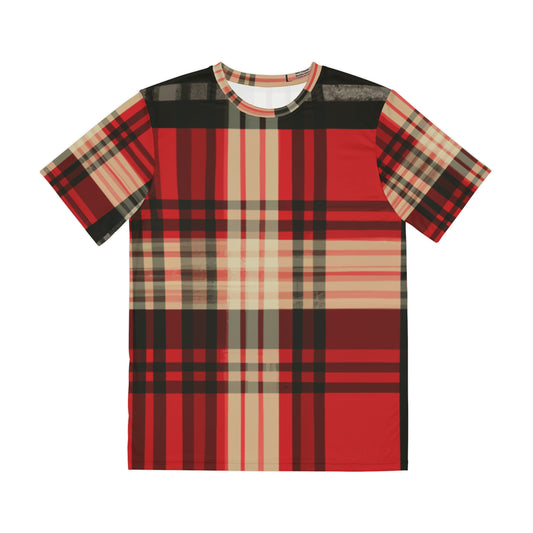 Front view of the Highland Blaze Sonata Tartan Crewneck Pullover All-Over Print Short-Sleeved Shirt black red beige background plaid pattern