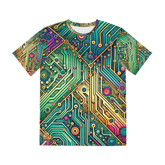 Front view of the Circuit Synapse Fiesta Crewneck Pullover All-Over Print Short-Sleeved Shirt circuit print pattern green blue yellow red black white blast of colors