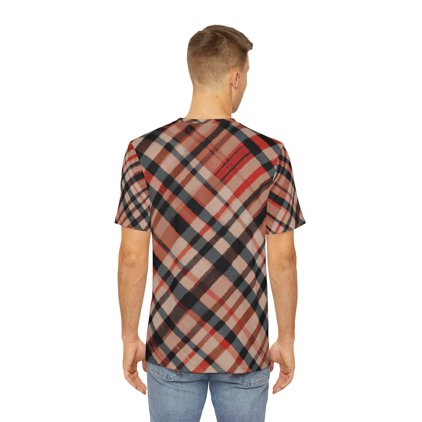 Back view Highland Ember Clash Crewneck Pullover All-Over Print Short-Sleeved Shirt red black beige brown plaid pattern paired with casual denim pants worn by a white man
