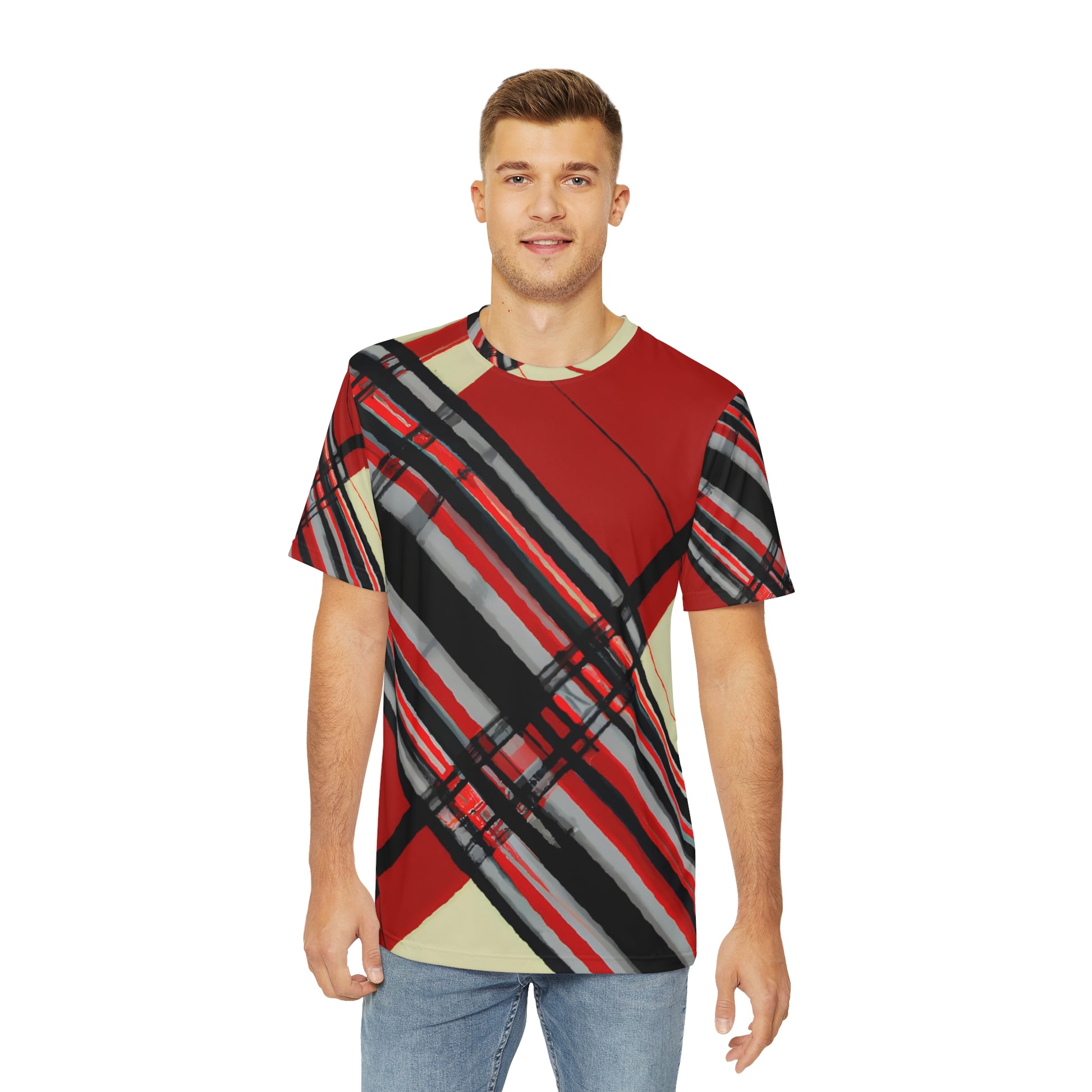 Side view of the Highland Lancer Veil Crewneck Pullover All-Over Print Short-Sleeved Shirt red black gray beige plaid pattern paired with casual denim pants worn by a white man