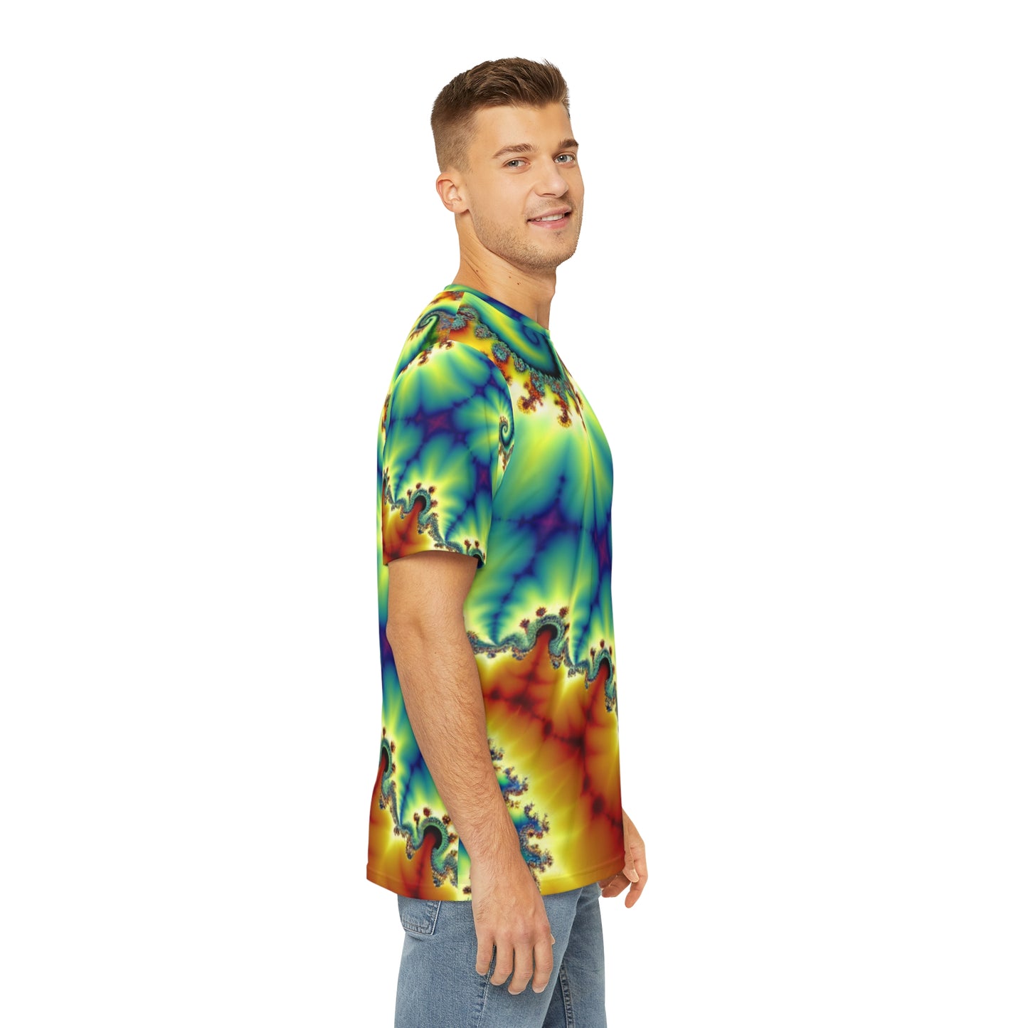 Side view of the Spectral Helix Dreamatorium Crewneck Pullover All-Over Print Short-Sleeved Shirt yellow oranger red blue green purple spectral pattern paired with casual denim pants worn  by a white man