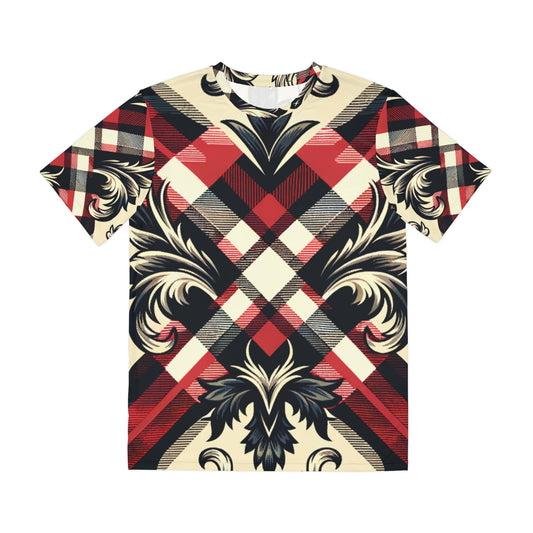 Front view of the Baroque Tartan Elegance Crewneck Pullover All-Over Print Short-Sleeved Shirt black red beige plaid print