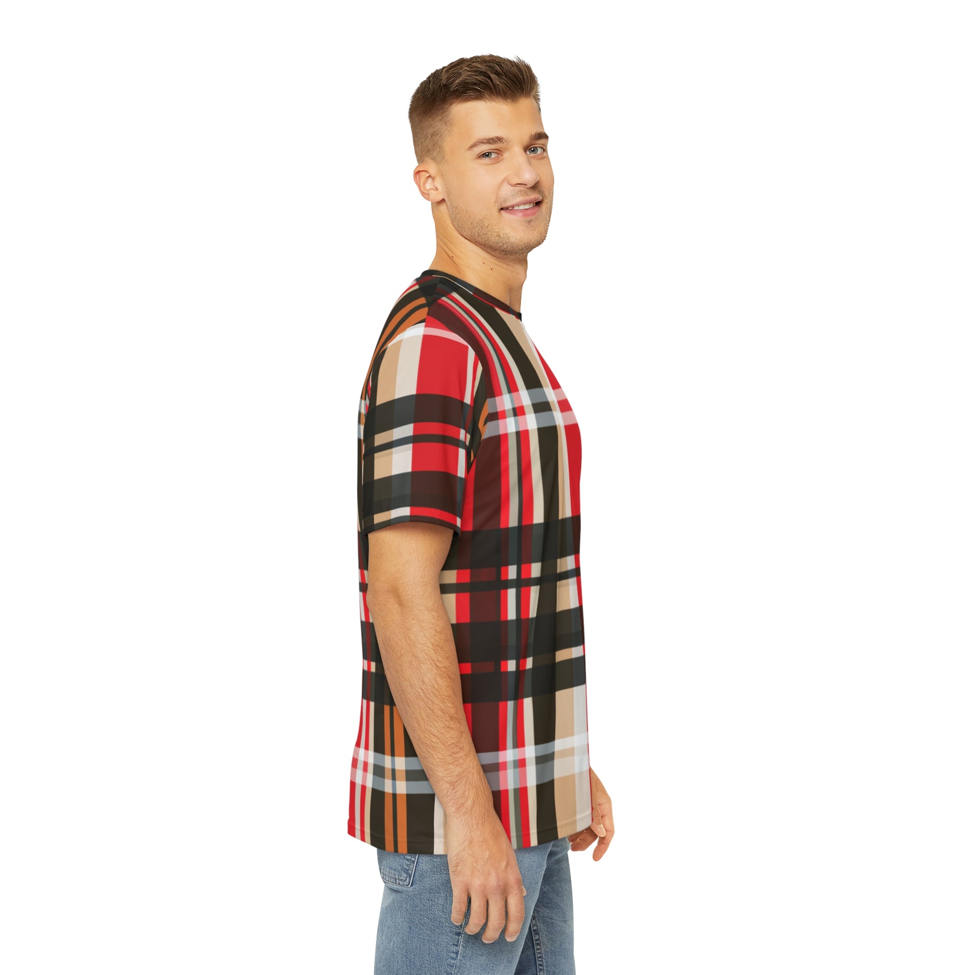Side view of the Glasgow Plaid Crewneck Pullover All-Over Print Short-Sleeved Shirt red black white yellow mustard plaid pattern paired with casual denim jeans worn by a white male
