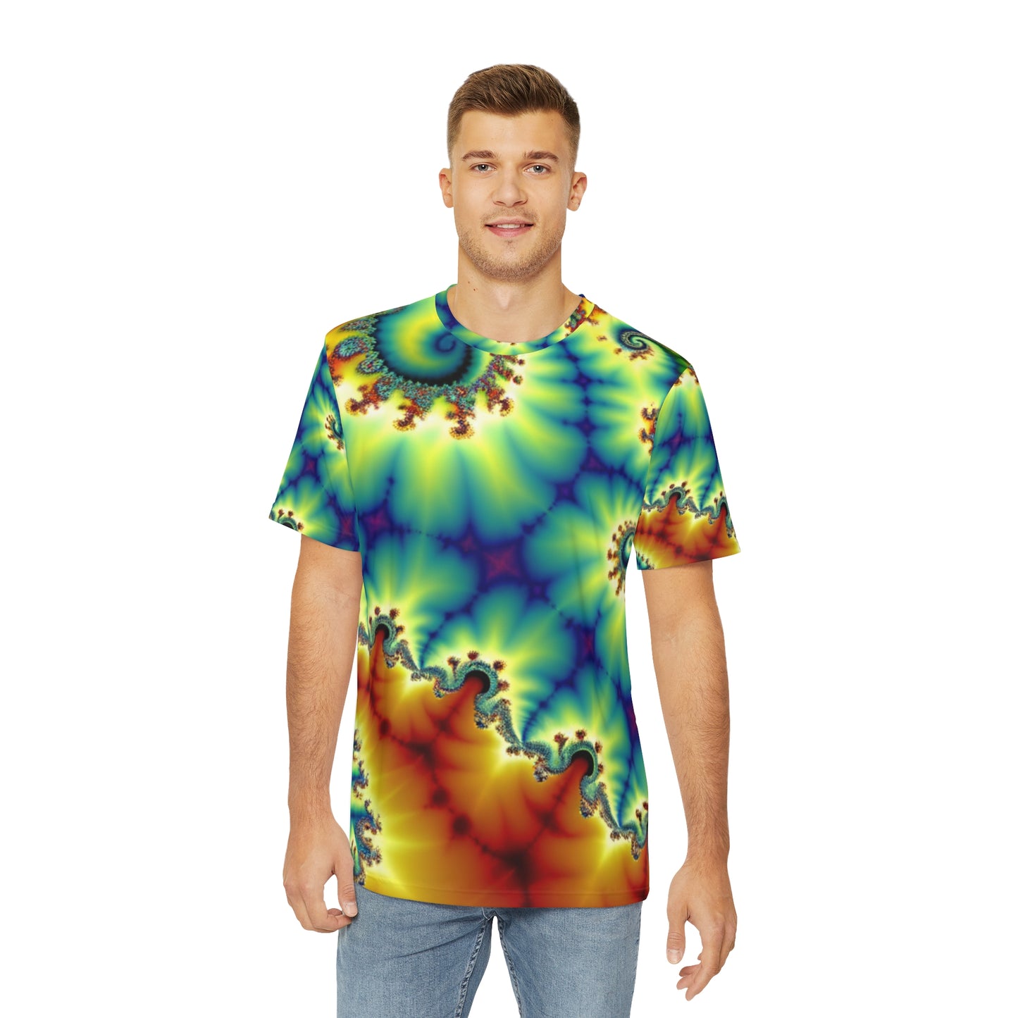 Front view of the Spectral Helix Dreamatorium Crewneck Pullover All-Over Print Short-Sleeved Shirt yellow oranger red blue green purple spectral pattern paired with casual denim pants worn  by a white man