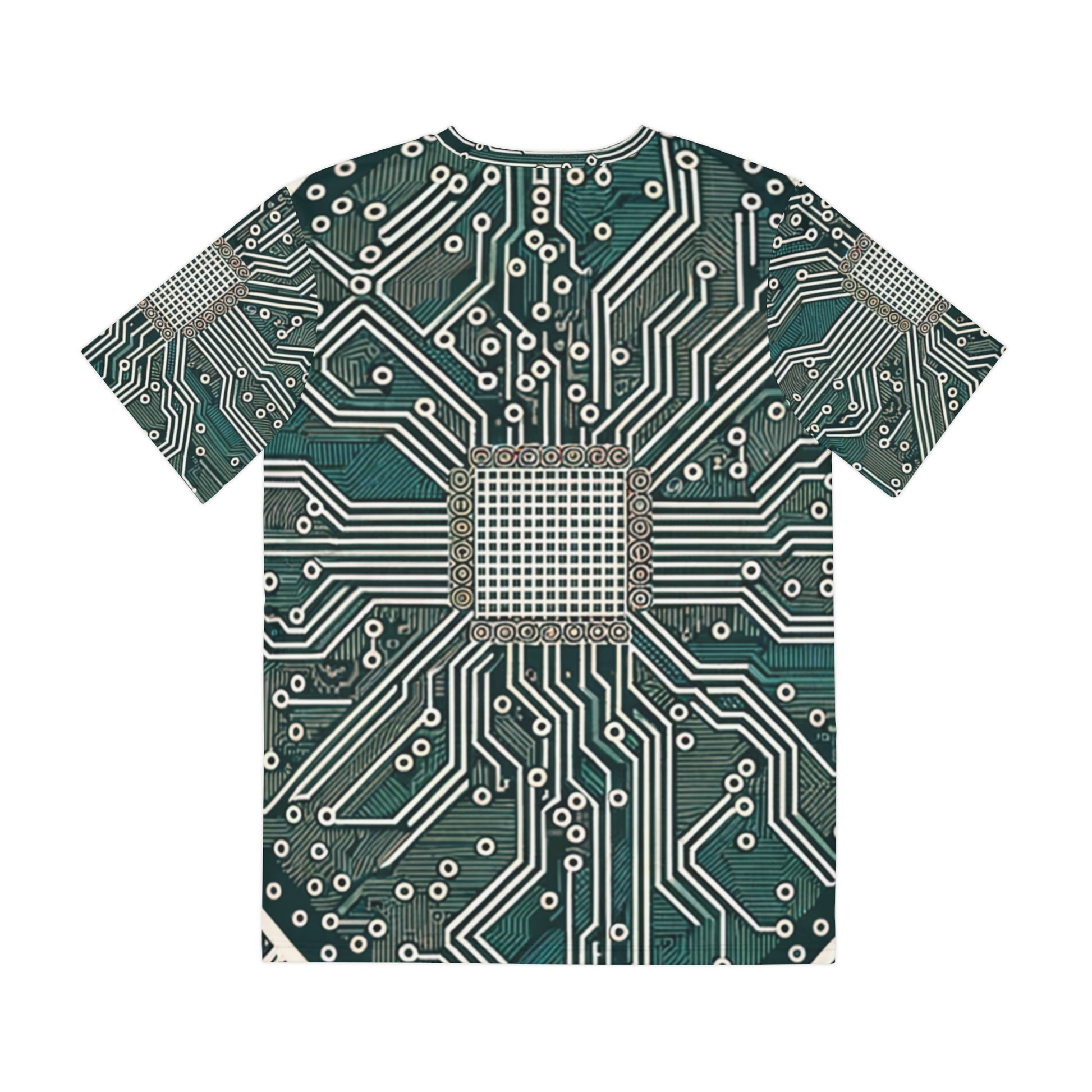 Back view of the Circuit Symmetry Matrix Crewneck Pullover All-Over Print Short-Sleeved Shirt green gray black beige circuit pattern