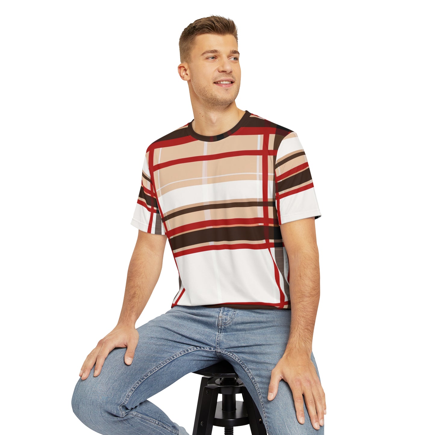 MacGregor Scottish Tartan Design Pullover All-Over Print Short-Sleeved Shirt red black beige and white Scottish plaid pattern paired with jeans worn by a white man sitting on a chair