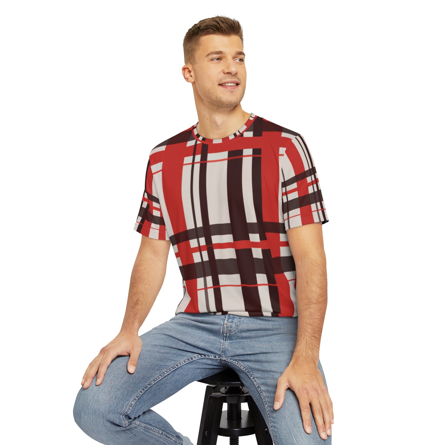 Front view of the Highland Ember Dawn Tartan Crewneck Pullover All-Over Print Short-Sleeved Shirt black red white plaid pattern paired with casual denim pants worn by a white man sitting on a stool chair