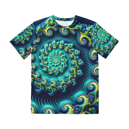 Front view of the Oceanic Nebula Spiral Crewneck Pullover All-Over Print Short-Sleeved Shirt bluee green yellow white nebula pattern