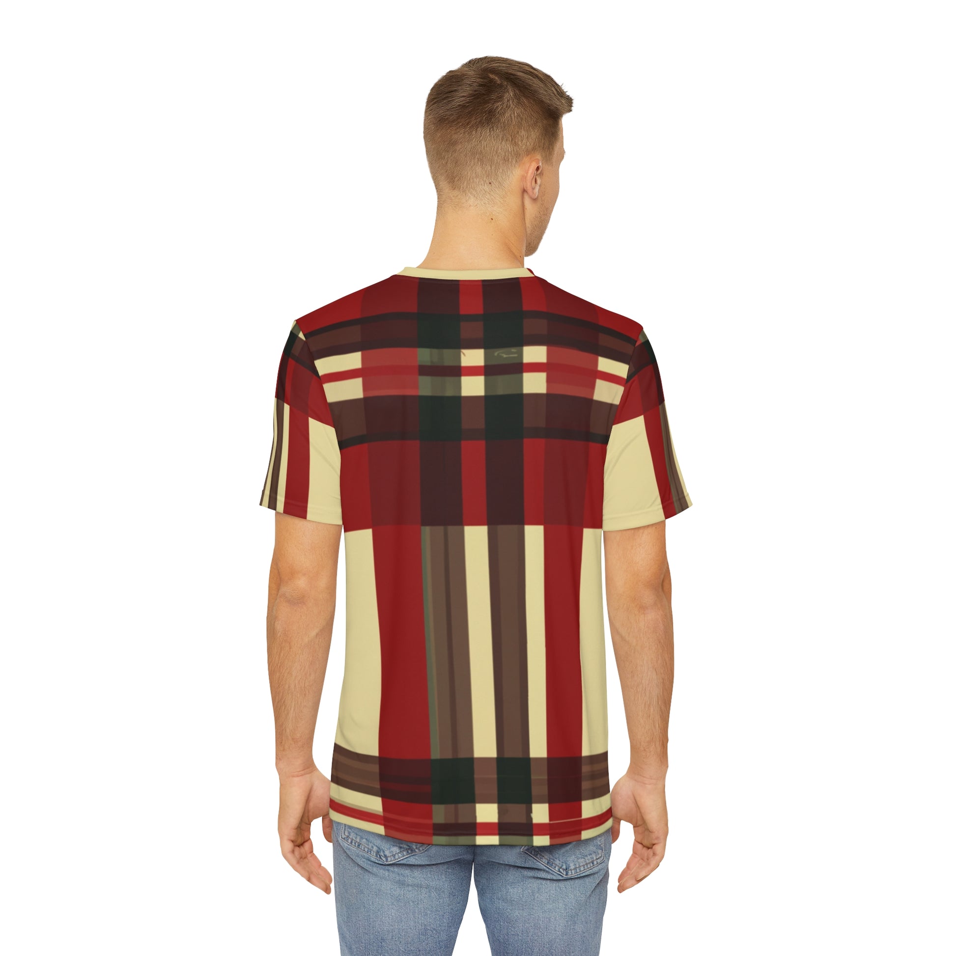 Back view of the Highland Ember Pixels Crewneck Pullover All-Over Print Short-Sleeved Shirt black red beige plaid pattern paired with casual denim pants worn by a white man