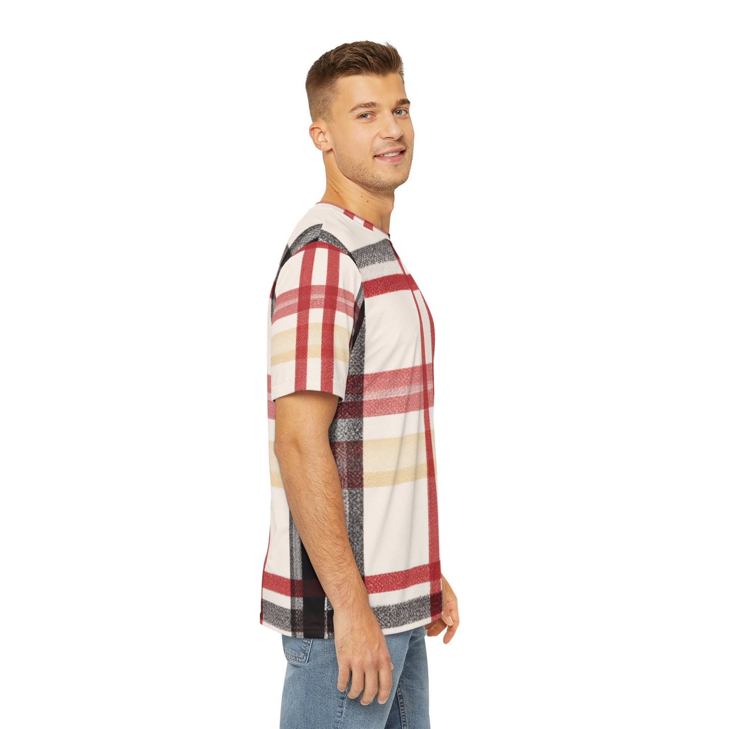 Side view of the Edinburgh Crimson Crest Tartan Crewneck Pullover All-Over Print Short-Sleeved Shirt red yellow black beige plaid pattern paired with  casual denim pants worn by a white man