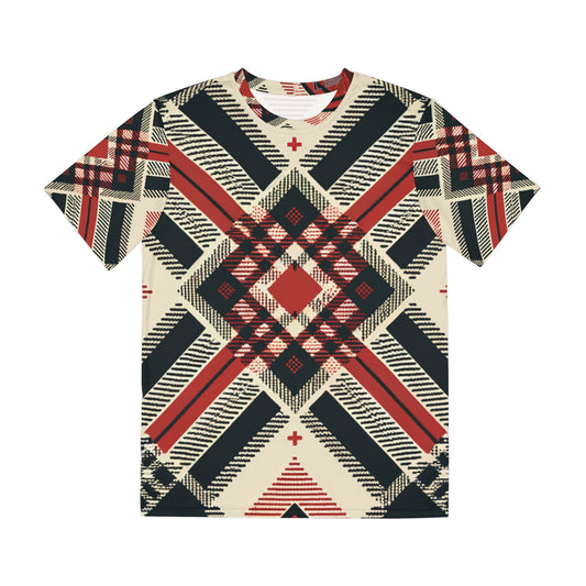 Front view of the Tribal Geometric Symphony Crewneck Pullover All-Over Print Short-Sleeved Shirt beige red black plaid pattern shirt