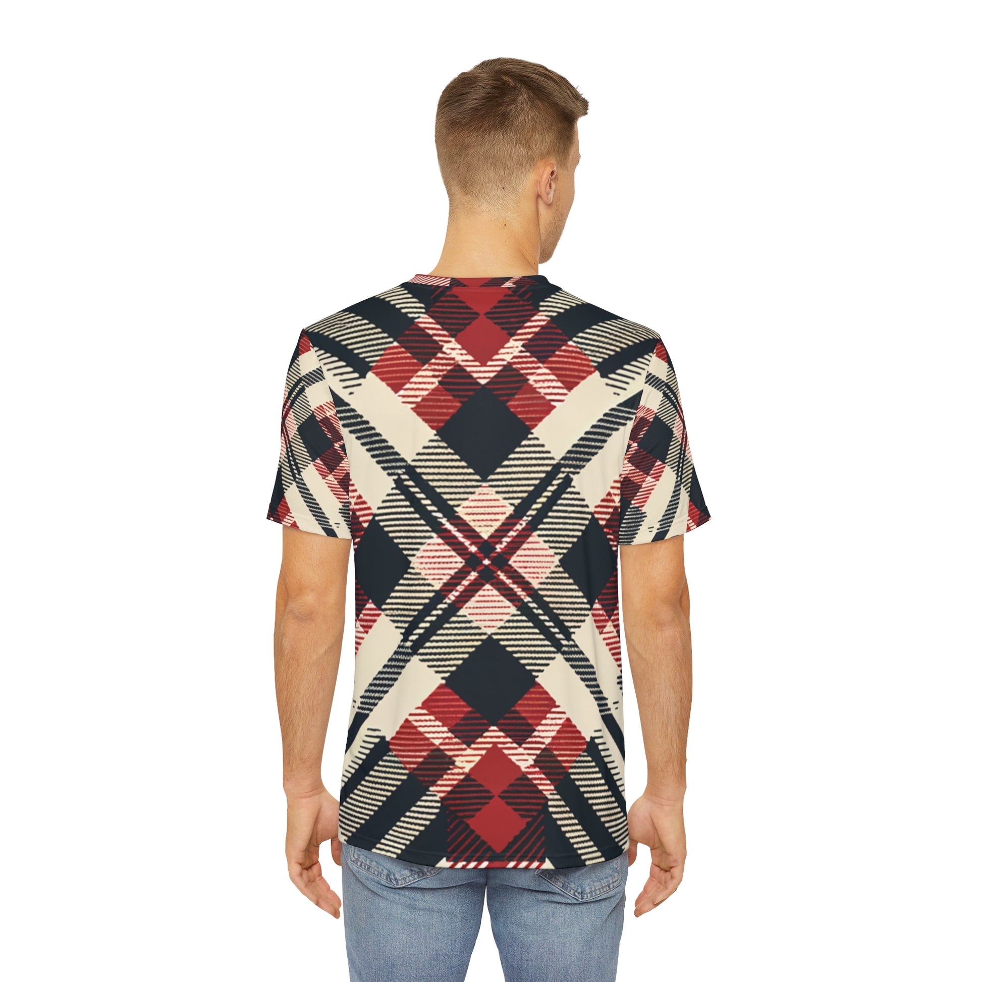 Back view of the Crimson Crosshatch Elegance Crewneck Pullover All-Over Print Short-Sleeved Shirt red black beige plaid print paired with casual denim pants worn by white man